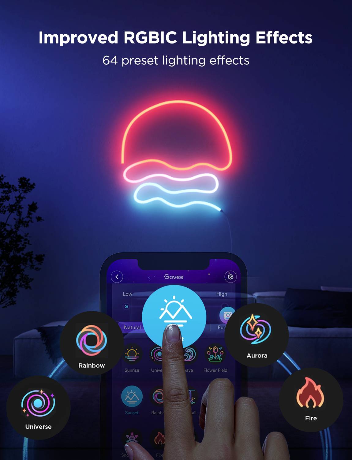 Das Bild zeigt ein Smartphone-Display mit App-Interface, das 64 voreingestellte RGBIC-Lichteffekte anzeigt. Im Hintergrund leuchtet eine rote und blaue Neonleuchte.