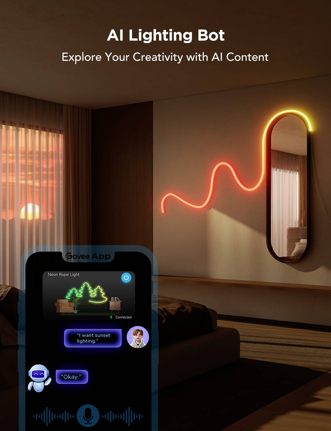 Ein Schlafzimmer mit einem leuchtenden, wellenförmigen Neonlicht neben einem Spiegel. Text: 'AI Lighting Bot: Explore Your Creativity with AI Content'.