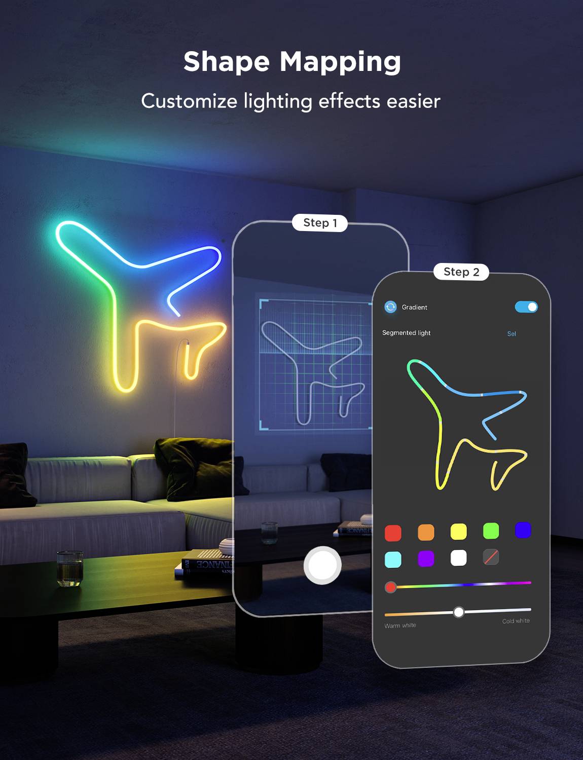 'Shape Mapping: Customize lighting effects easier.' Ein Wohnzimmer mit Neonlicht-Dekoration in Flugzeugform, präsentiert mit einer App.