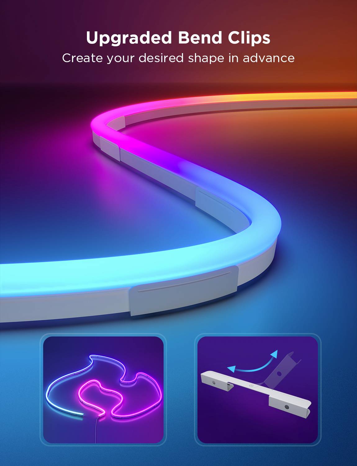 LED-Lichtstreifen in mehreren Farben gebogen. Text oben: 'Upgraded Bend Clips'. Zwei Diagramme unten zeigen biegbare Clips.