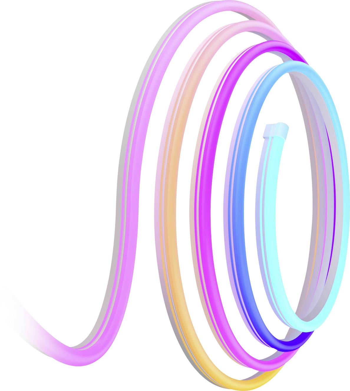 Spiralförmige, bunte Schleife aus ineinander verwobenen Bändern in verschiedenen Farben: Rosa, Orange, Lila und Blau.