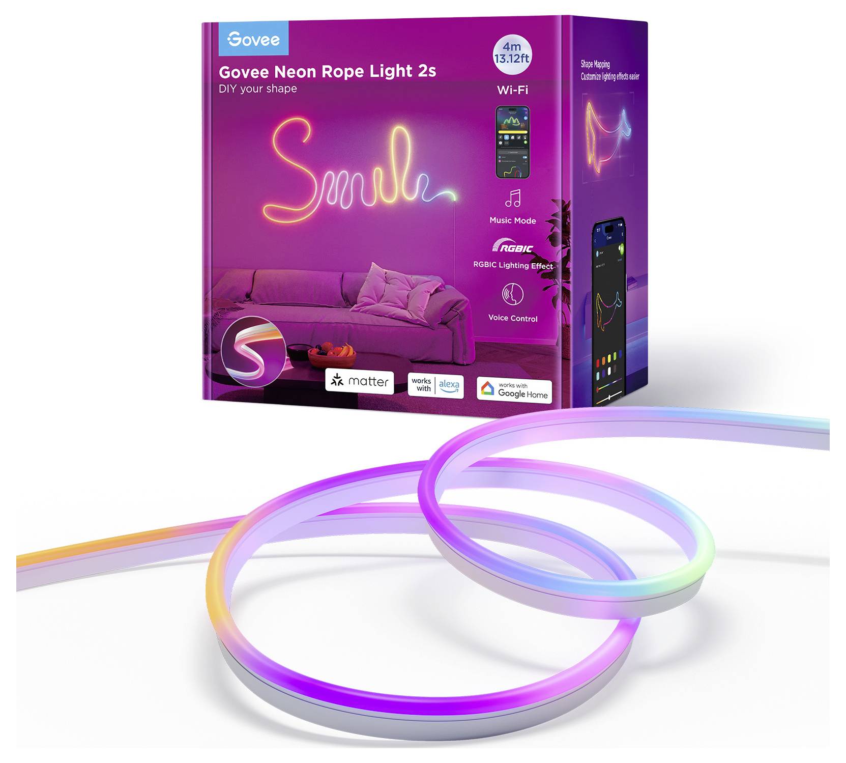 Verpackung einer Govee Neon Rope Light 2s, 4 Meter, mit 'Smile'-Schriftzug. RGB-Lichtschlauch, Wi-Fi-fähig, mit App- und Sprachsteuerung.