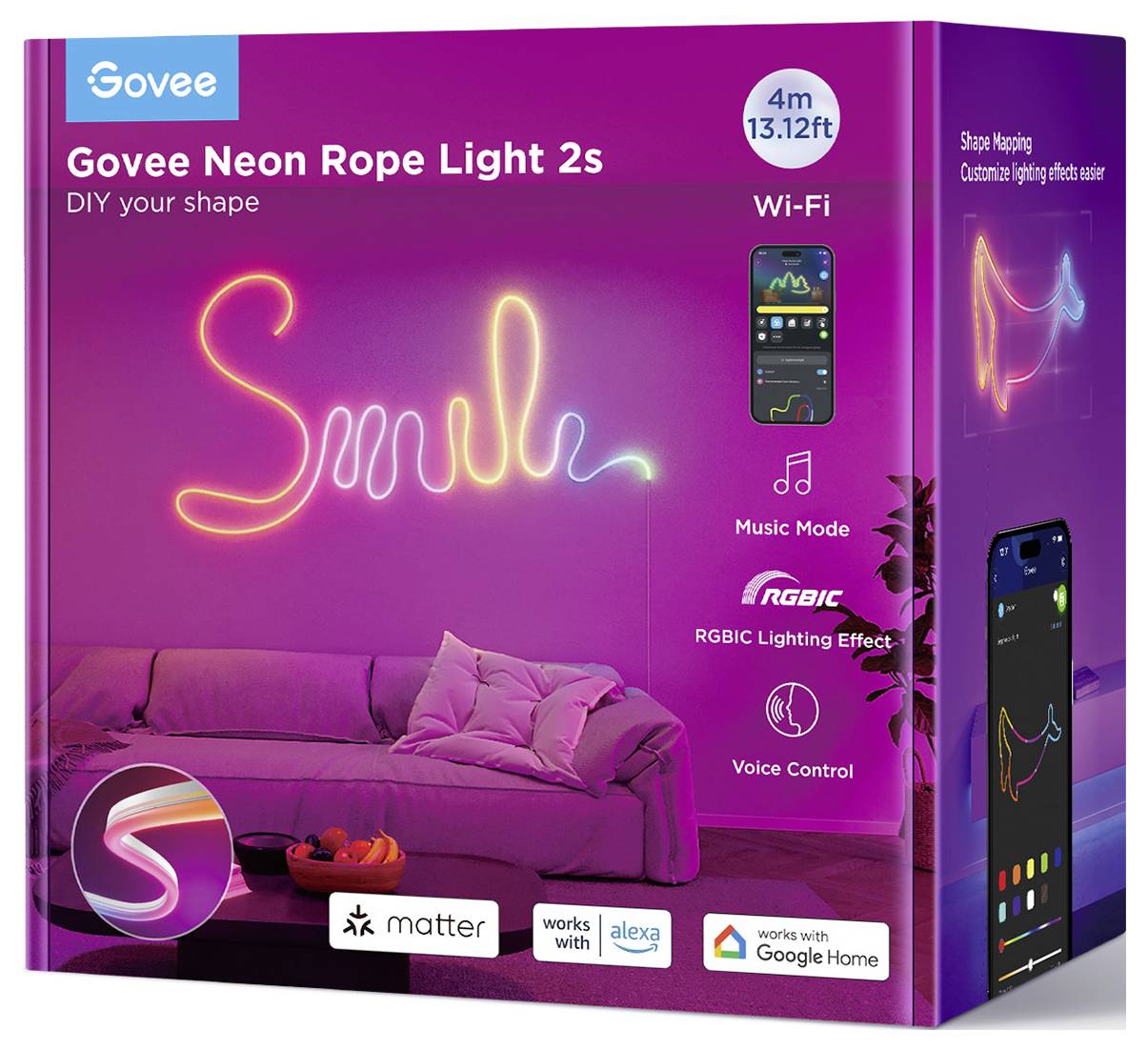 Verpackung des Govee Neon Rope Light 2s zeigt ein neonfarbenes 'Smile'-Schriftzug an der Wand. Features umfassen Wi-Fi, Musikmodus, RGBIC-Effekte, Sprachsteuerung, kompatibel mit Alexa und Google Home.