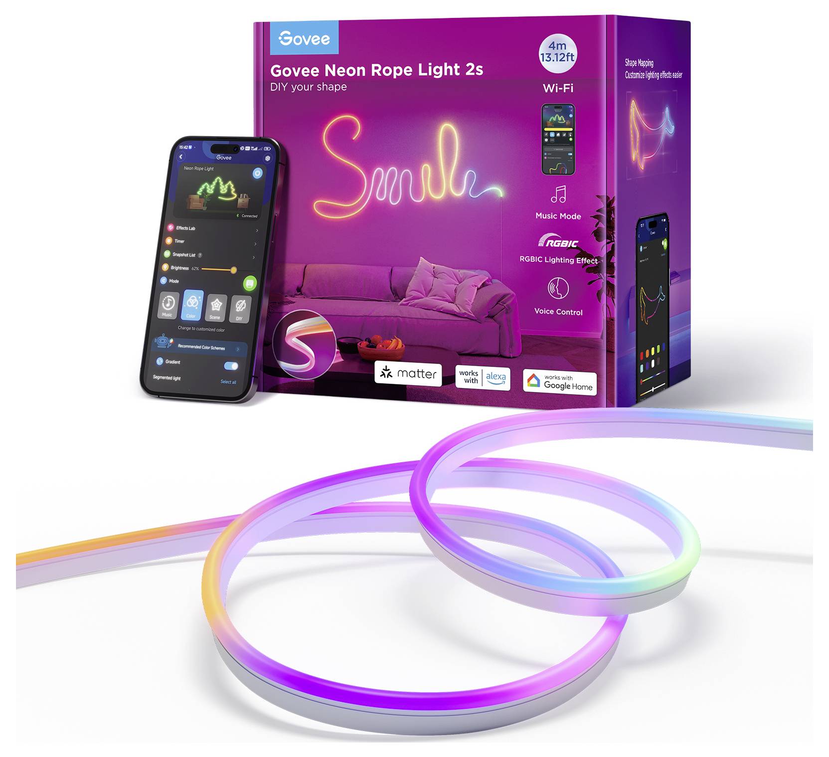 Verpackung von Govee Neon Rope Light 2s zeigt ein beleuchtetes Wohnzimmer mit Smartphone-Anzeige. Flexible, farbige LED-Leuchten.