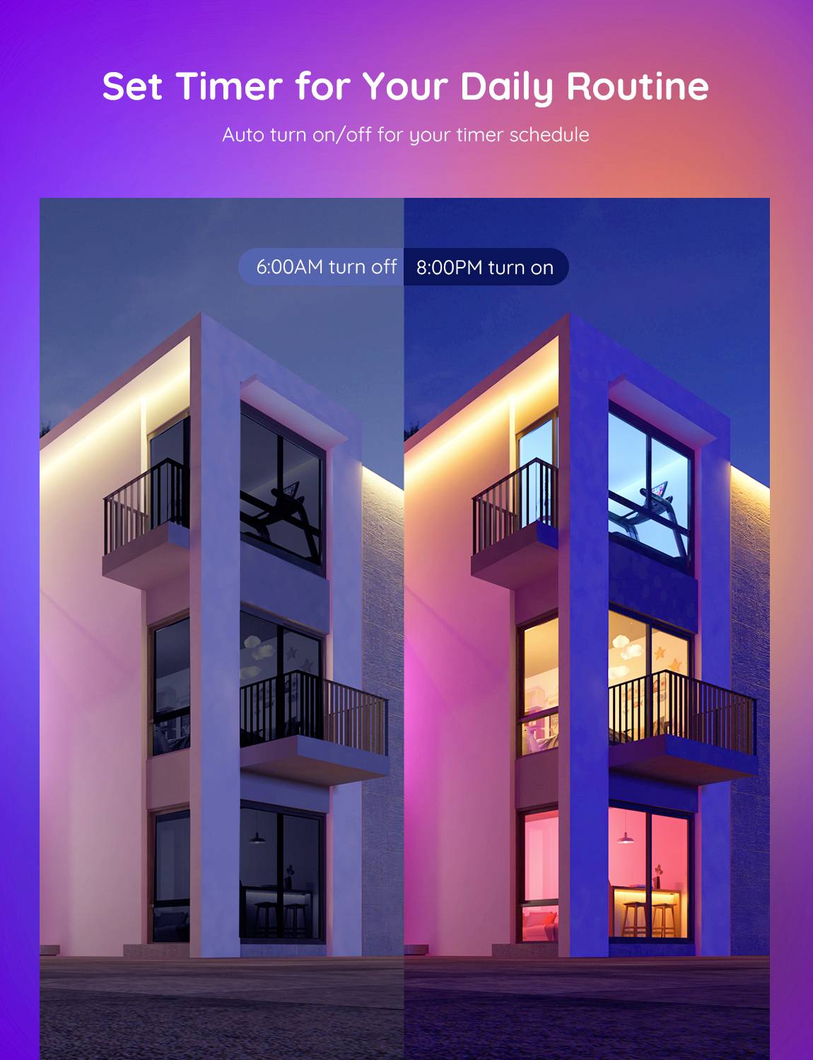 'Stellen Sie den Timer für Ihre tägliche Routine ein.' Ein modernes Haus bei Tag und Nacht mit automatischer Lichtsteuerung.