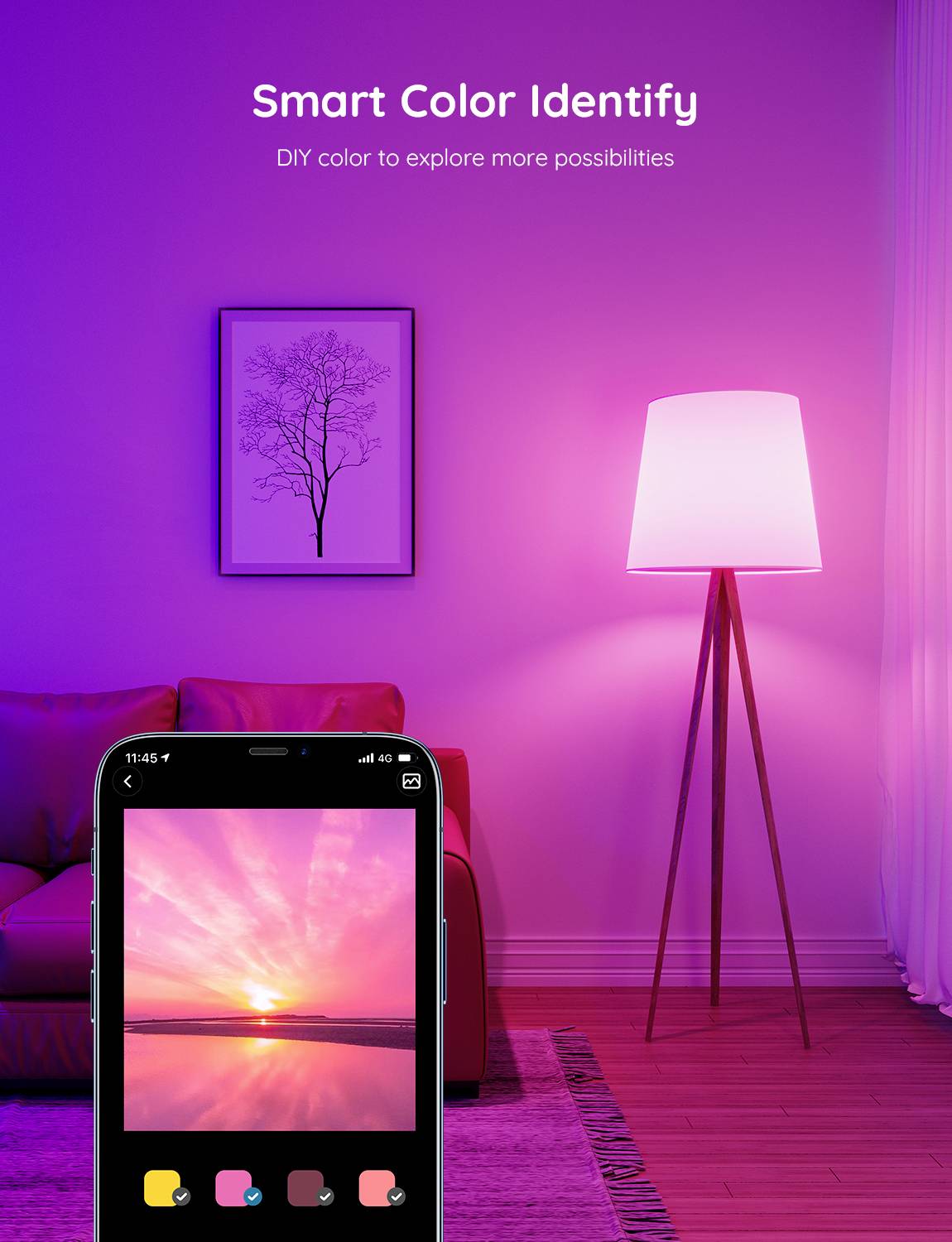 Lila beleuchtetes Wohnzimmer mit einem Smartphone-Bildschirm im Vordergrund, das eine Farberkennungs-App zeigt.