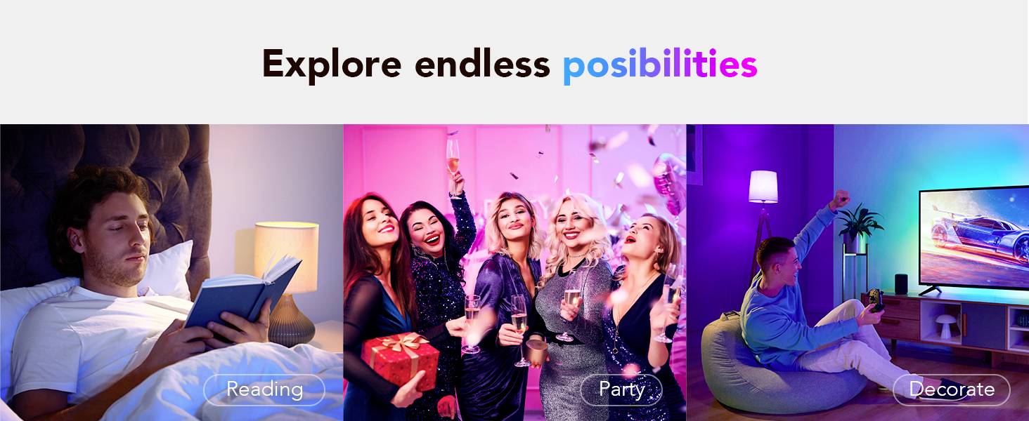 'Entdecke endlose Möglichkeiten.' Drei Situationen: Lesen im Bett, Party mit Freunden, und Dekoration eines Wohnzimmers.