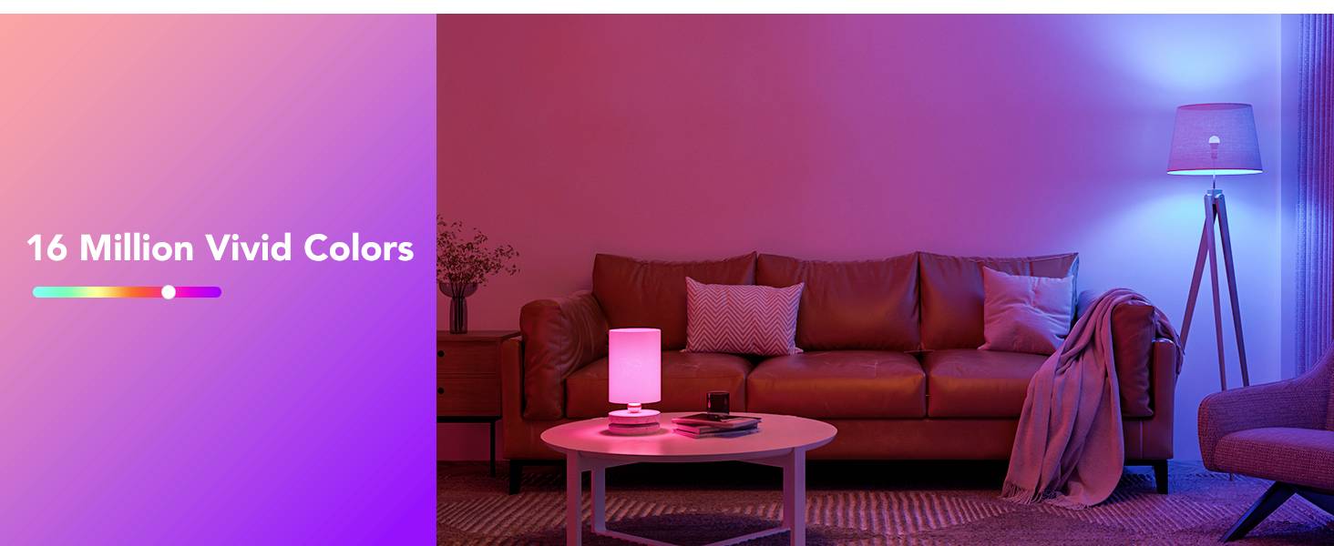 Wohnzimmer mit Ledersofa, Wandlampe und Tischlampen, die farbiges Licht in Blau und Rot ausstrahlen; Text: '16 Million Vivid Colors'.