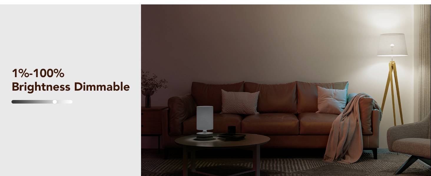 Helles Wohnzimmer mit Sofa, Stehlampe und Tisch. Links Text: '1%-100% Helligkeit dimmbar' mit Schaltersymbol.
