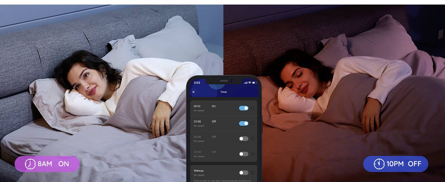 Frau liegt im Bett bei unterschiedlichem Licht um 8 Uhr morgens (hell) und 22 Uhr abends (gedimmt), gesteuert per Smartphone-App.