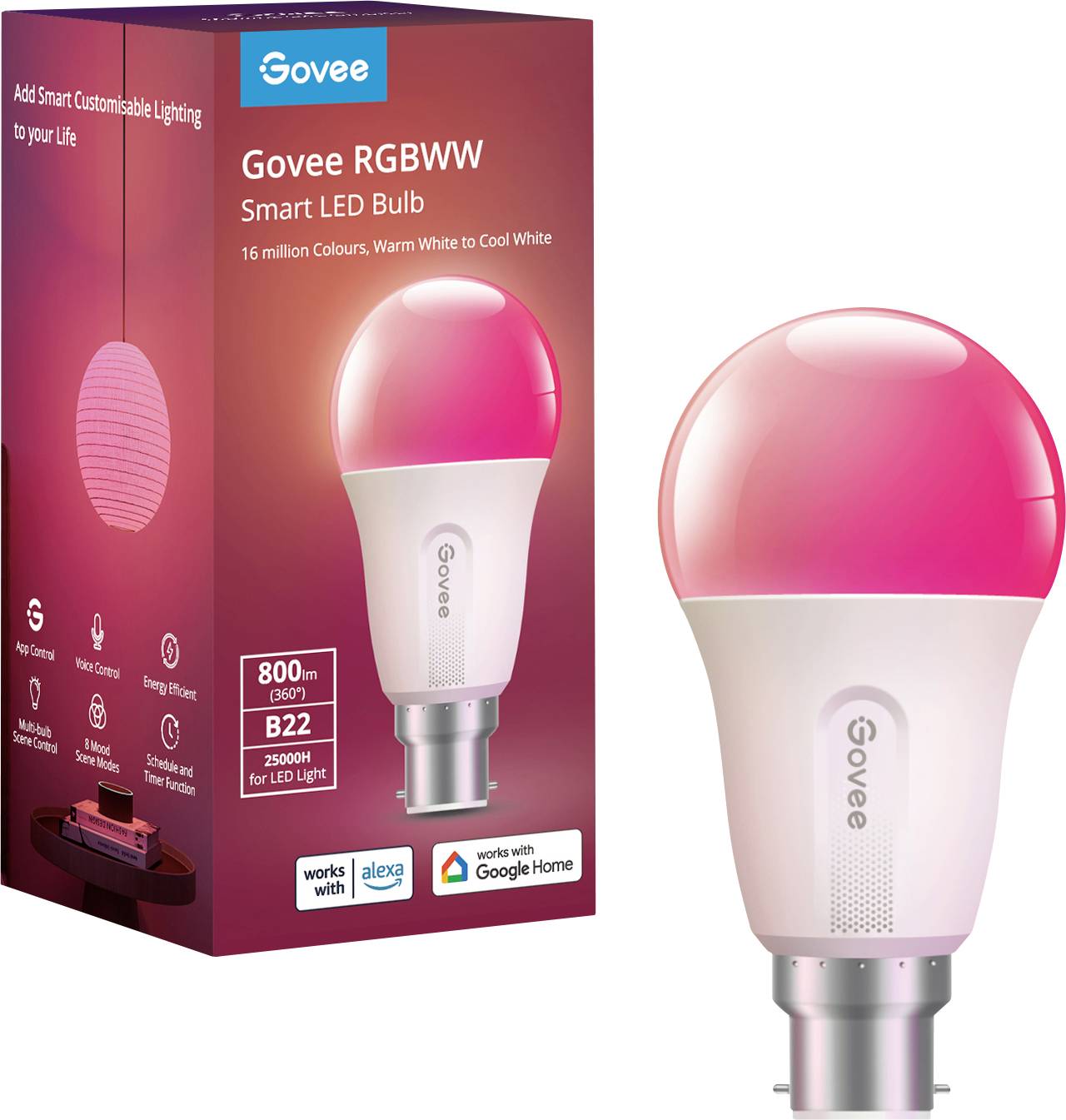 Govee Smart LED-Lampe mit RGBWW, unterstützt Alexa und Google Home. Verpackung zeigt Lampe und Funktionen wie 16 Millionen Farben.