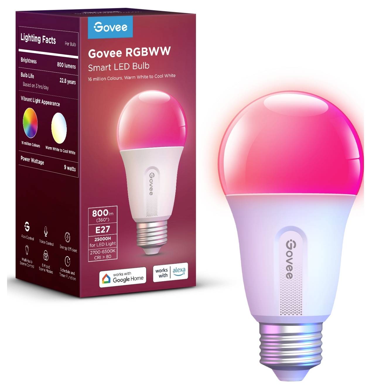 Eine smarte LED-Glühbirne der Marke Govee mit stufenloser Farbregelung und Kompatibilität zu Google Home und Alexa. Verpackung zeigt Details wie Helligkeit und wattzahl.