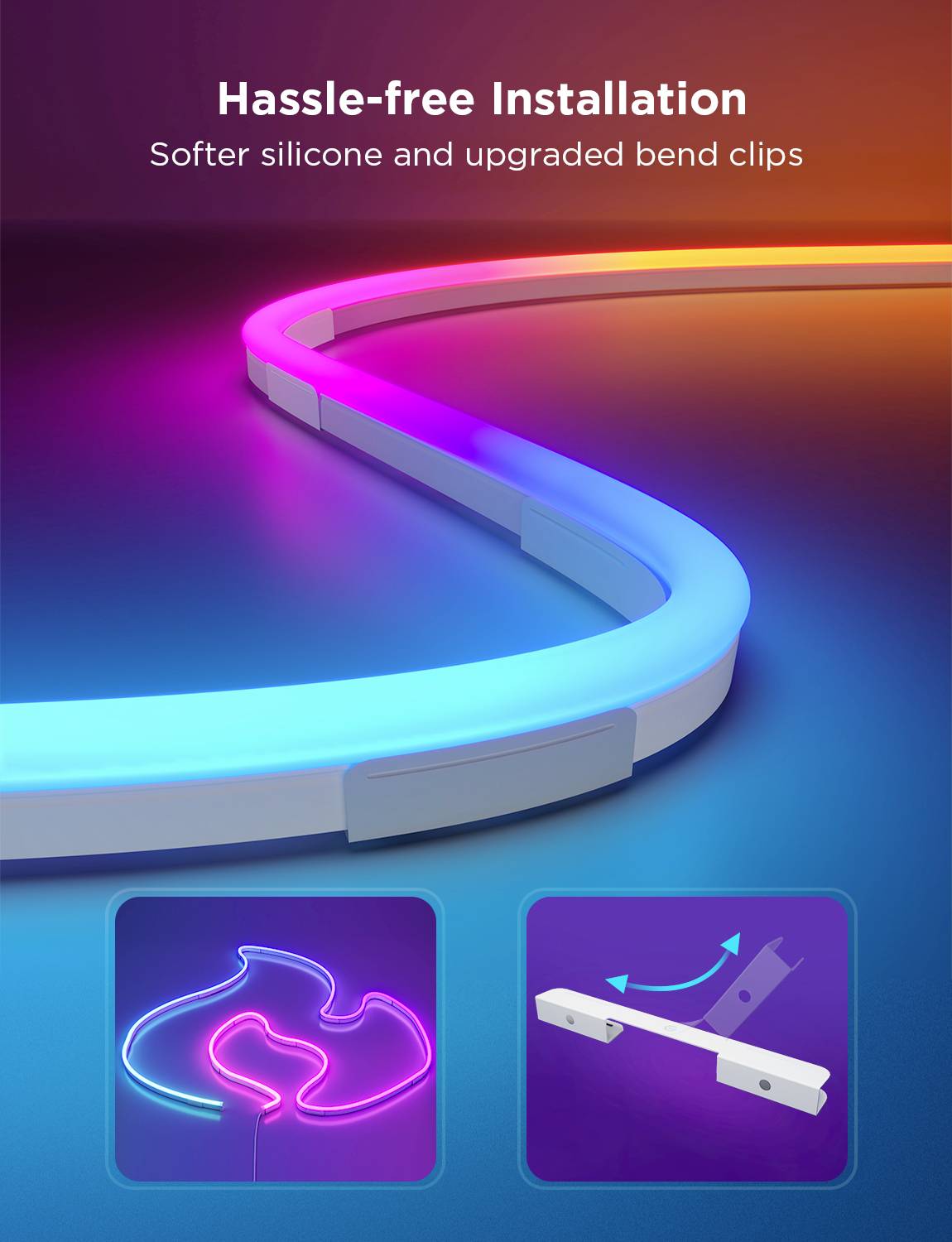 LED-Streifen in leuchtenden Farben blau und pink mit dem Text 'Einfache Installation: Weicheres Silikon und verbesserte Clips'.