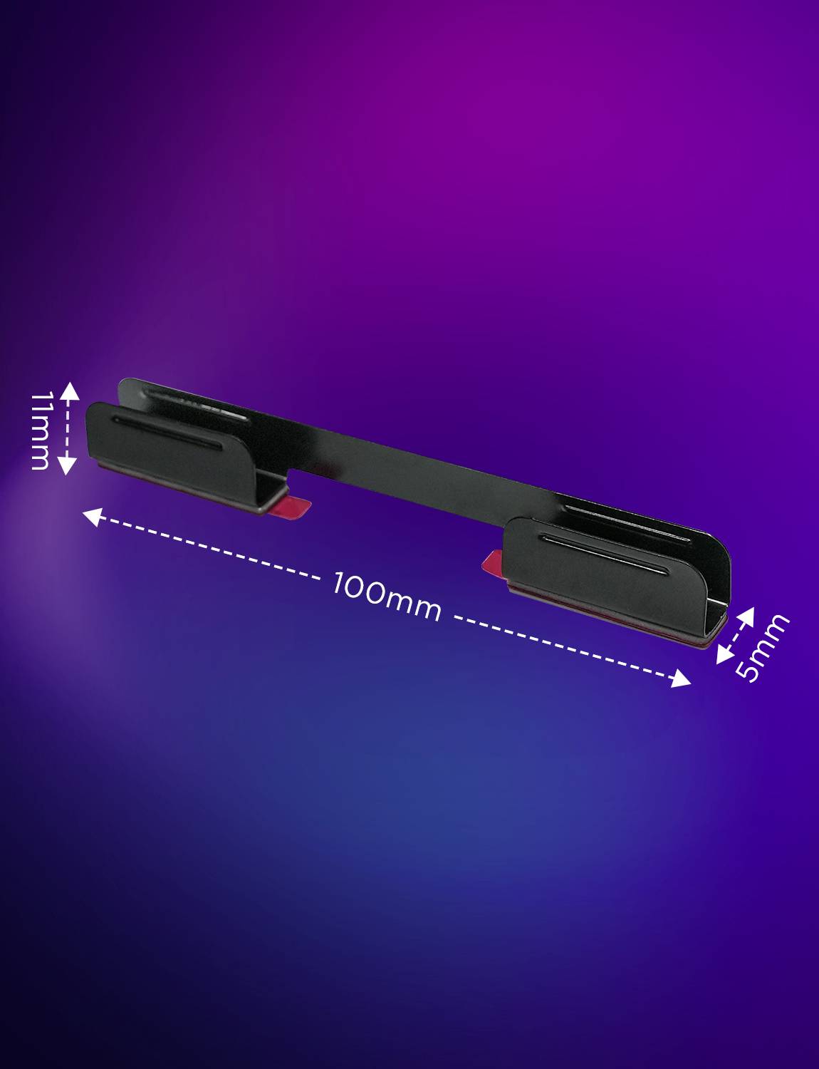 Schwarzes Montagemodul auf lila Hintergrund mit Maßen: Länge 100mm, Höhe 11mm, Breite 5mm.