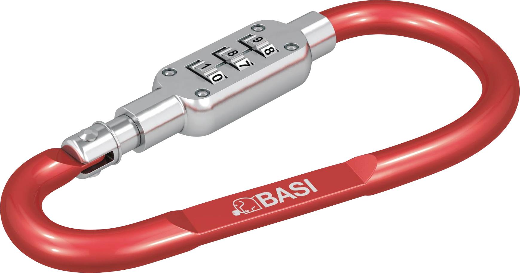 Ein rotes Zahlenschloss in Karabinerform. Aufschrift: 'BASI'. Kombinationsräder zeigen '8-7-0'. Geeignet für die Sicherung von Gegenständen.
