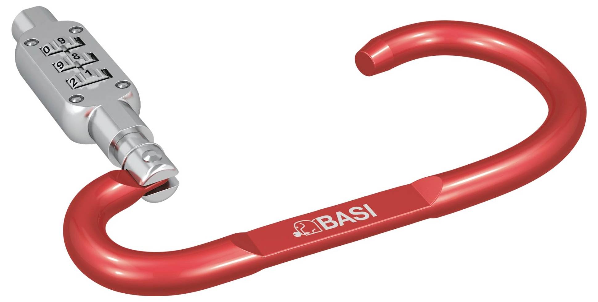 Ein rotes Kombinationsschloss mit einem offenen Bügel. Auf dem Bügel ist das Logo 'BASI' abgebildet.