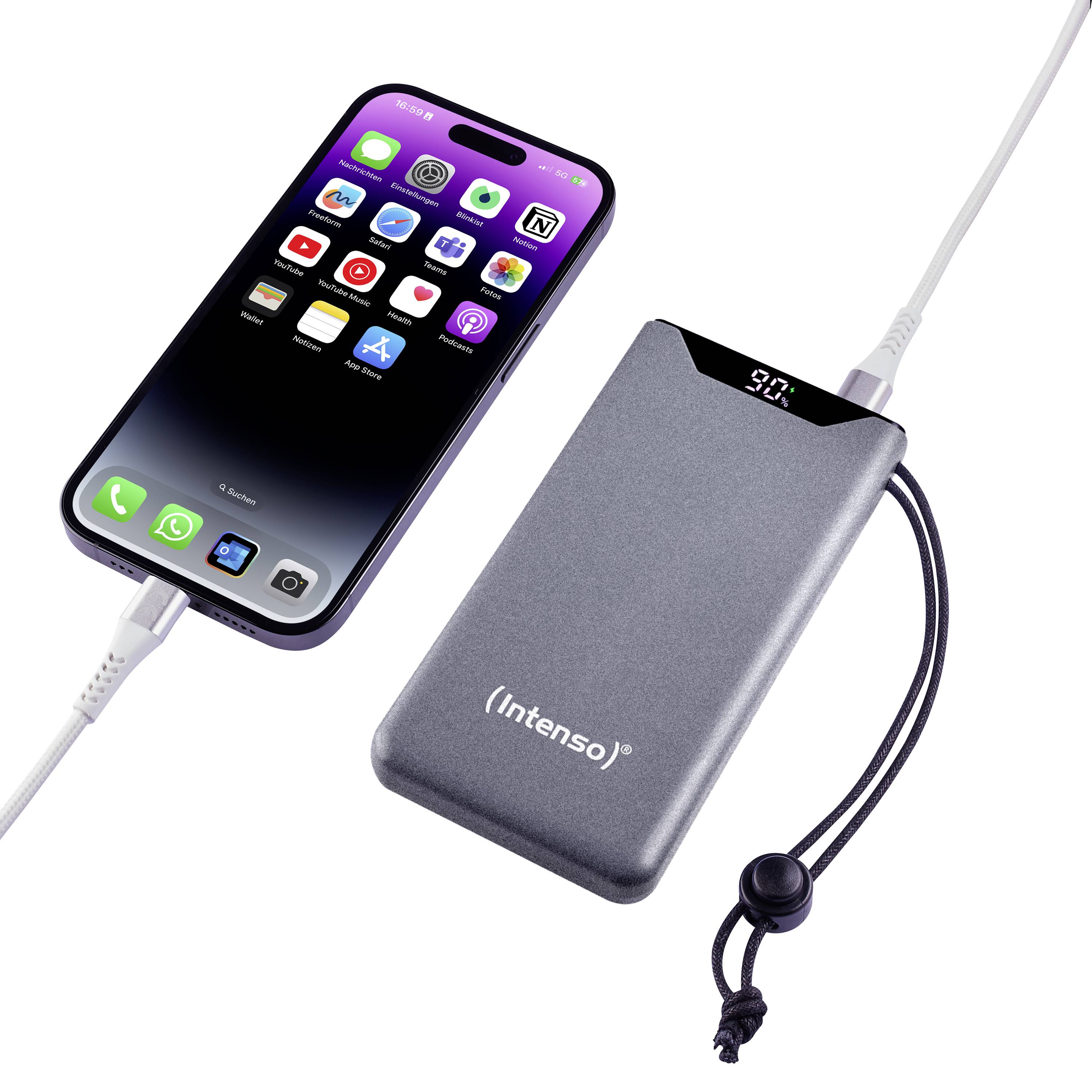 Smartphone verbunden mit einer Powerbank; das Display der Powerbank zeigt die verbleibende Kapazität an. Smartphone zeigt Apps.