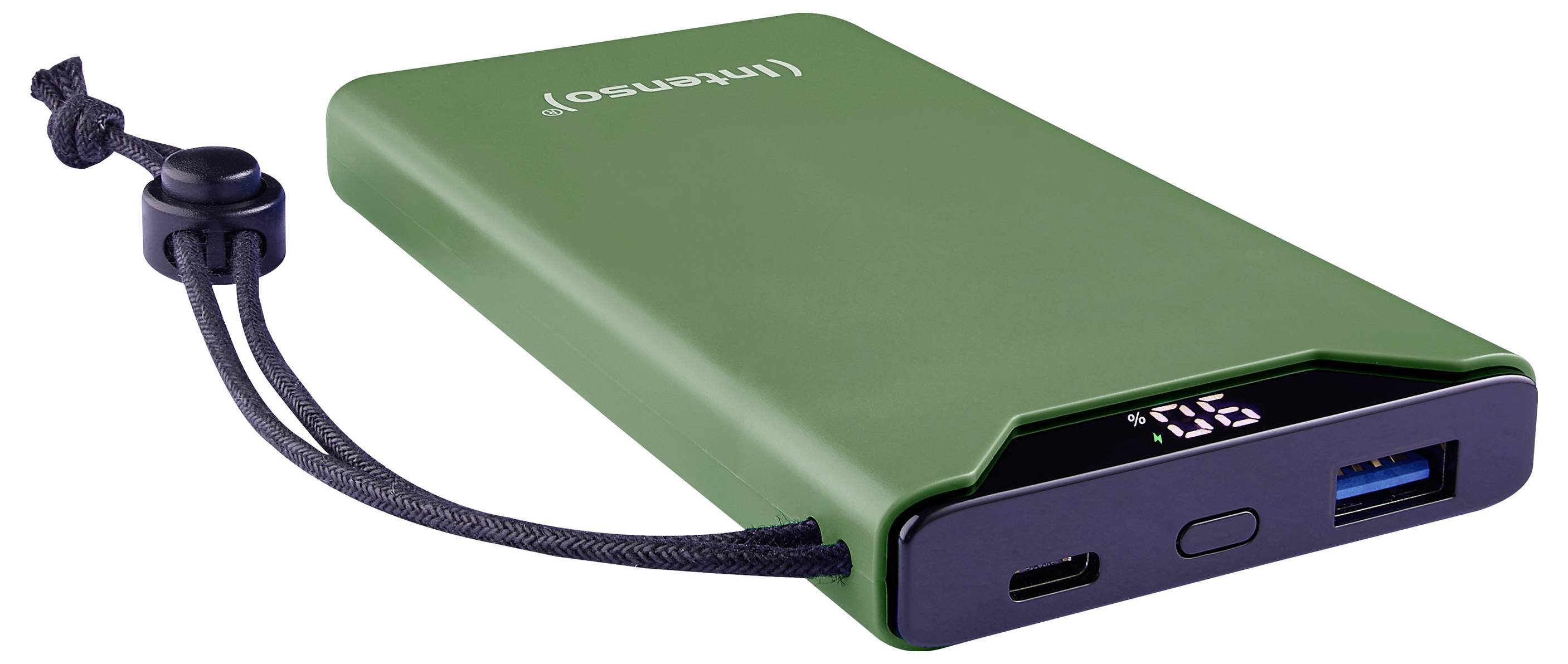 Grüne Powerbank mit abgerundeten Ecken, USB- und USB-C-Anschlüssen, Digitalanzeige und einer schwarzen Schlaufe zur Befestigung.