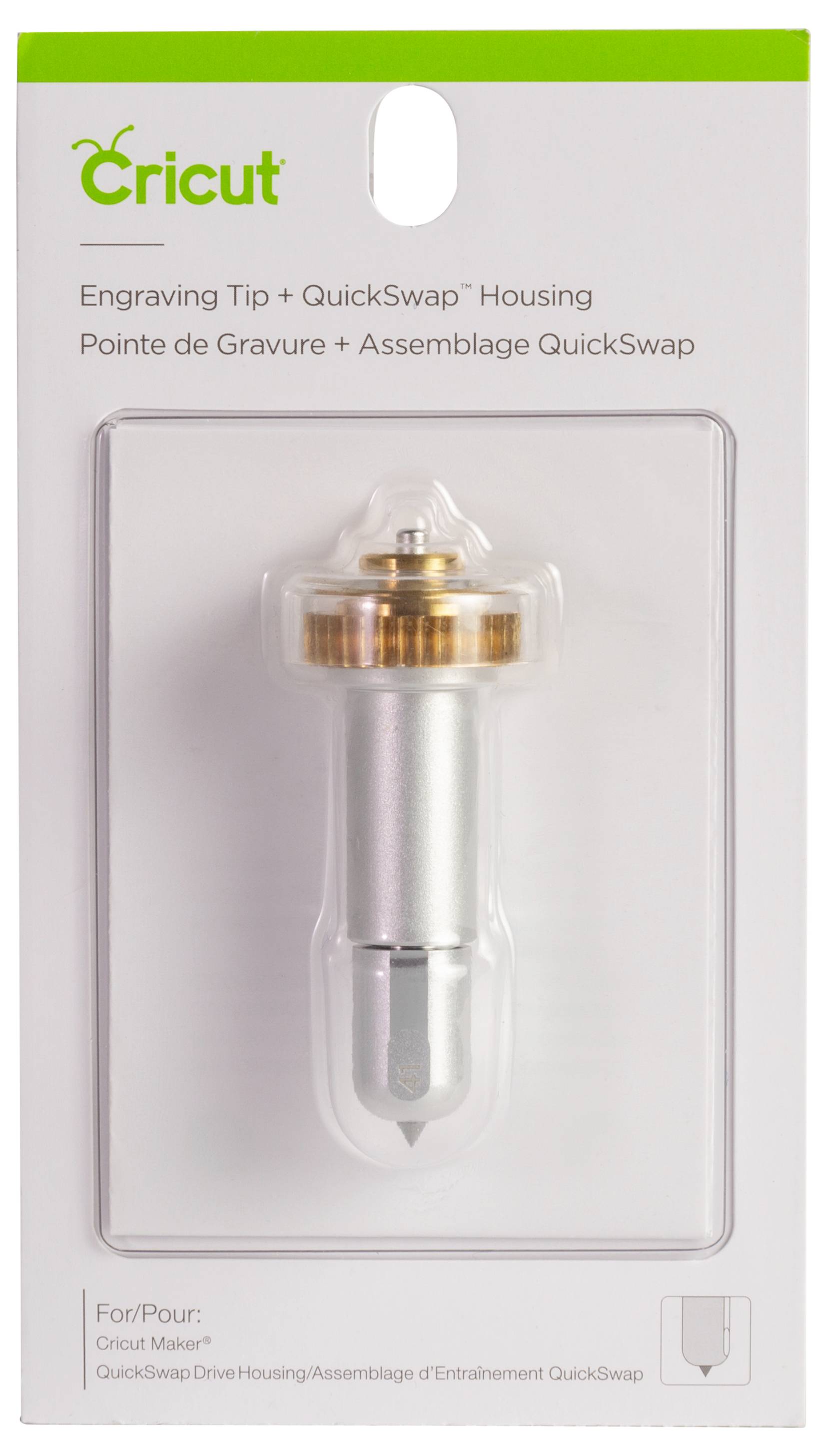 Cricut Gravurspitze mit QuickSwap-Gehäuse auf Verpackung, geeignet für Cricut Maker.