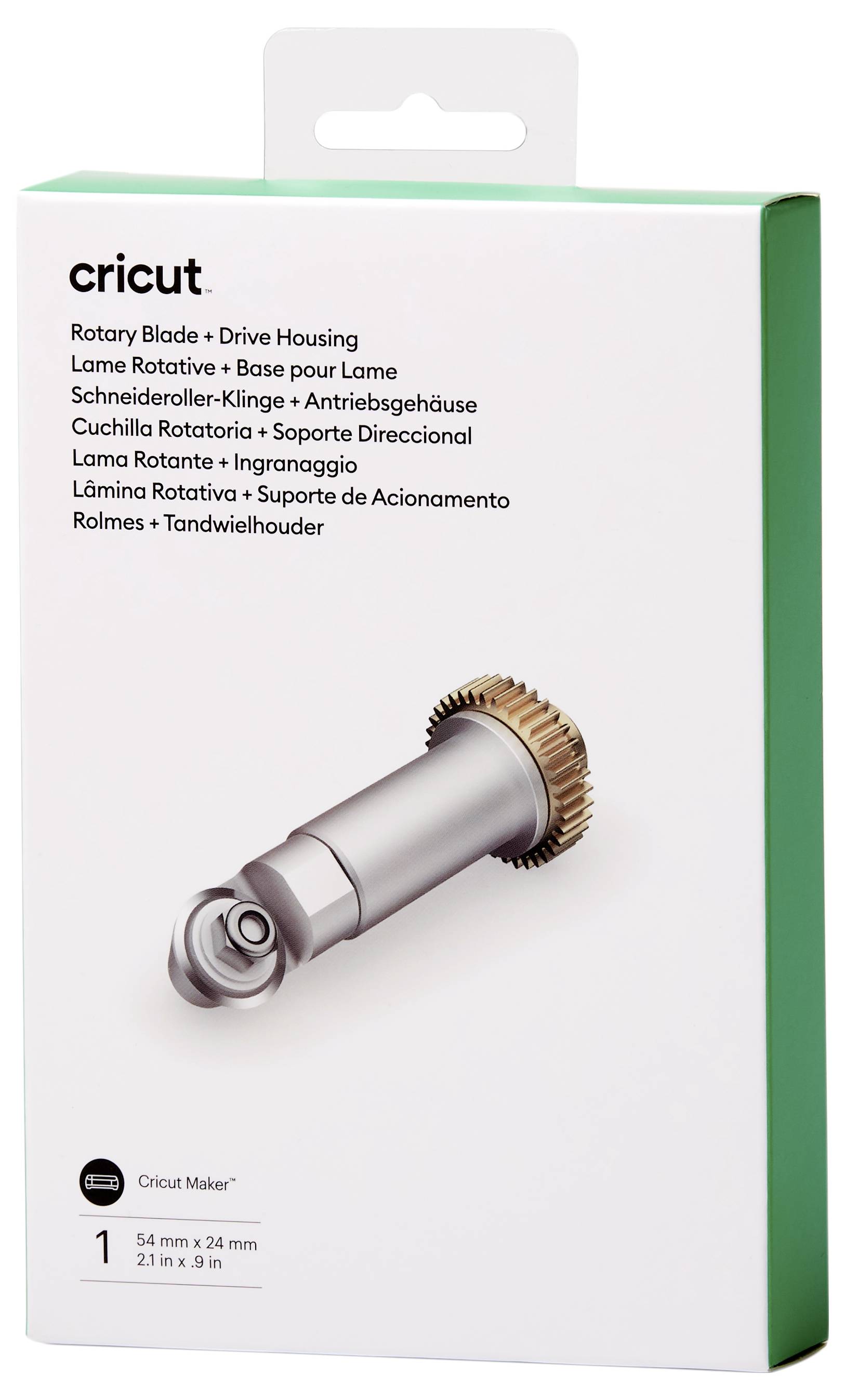Verpackung für Cricut Ersatzteil: Rotary Blade + Drive Housing. Enthält Bilder des Werkzeugs und Text in mehreren Sprachen.