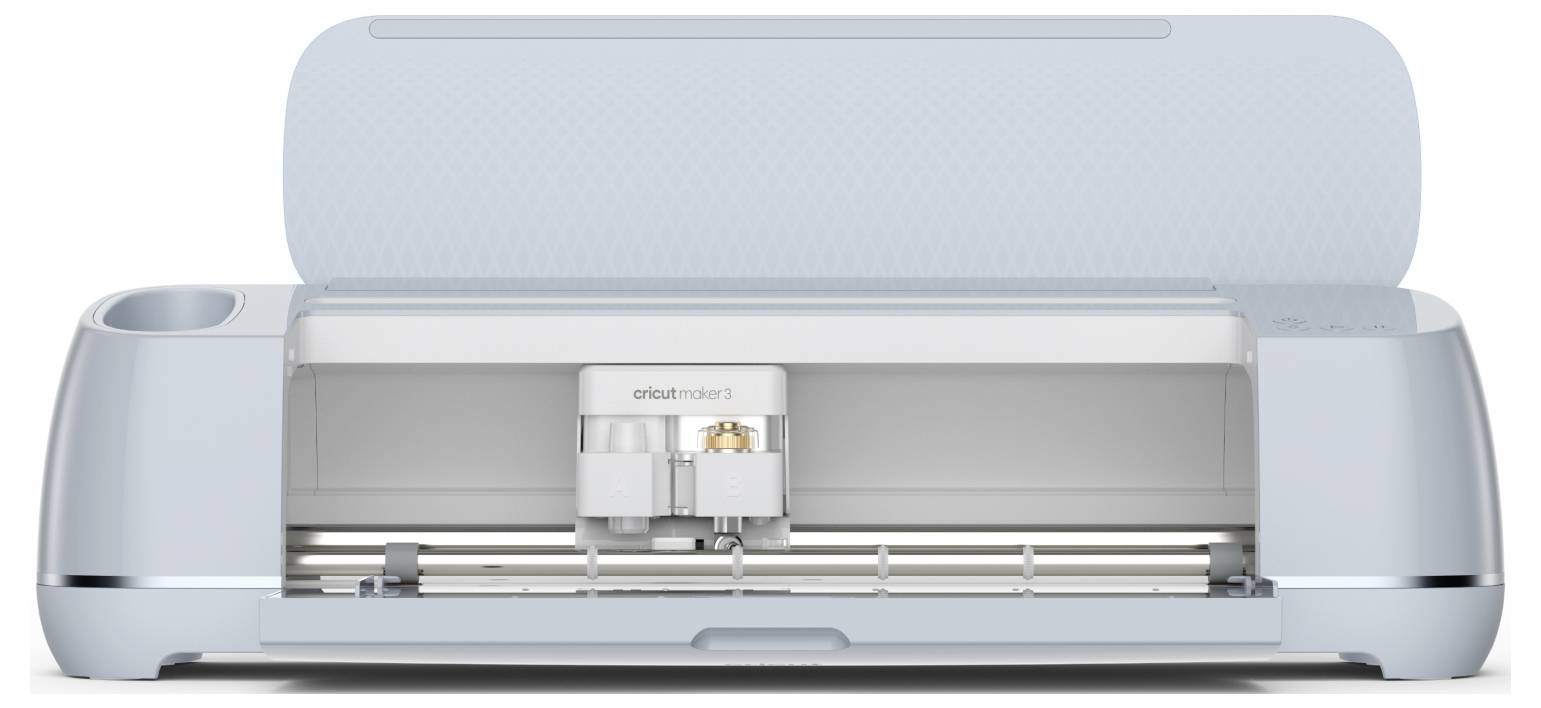 Eine Schneidemaschine mit offenem Deckel, bereit zum Schneiden von Materialien.