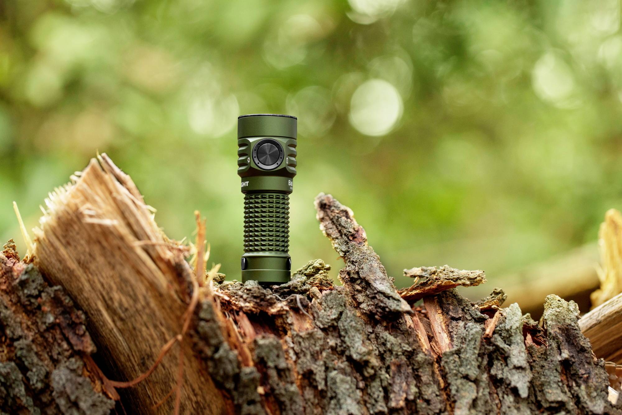 Eine schwarze Taschenlampe steht auf einem abgebrochenen Holzstamm im Wald, umgeben von grünem, unscharfem Hintergrund.