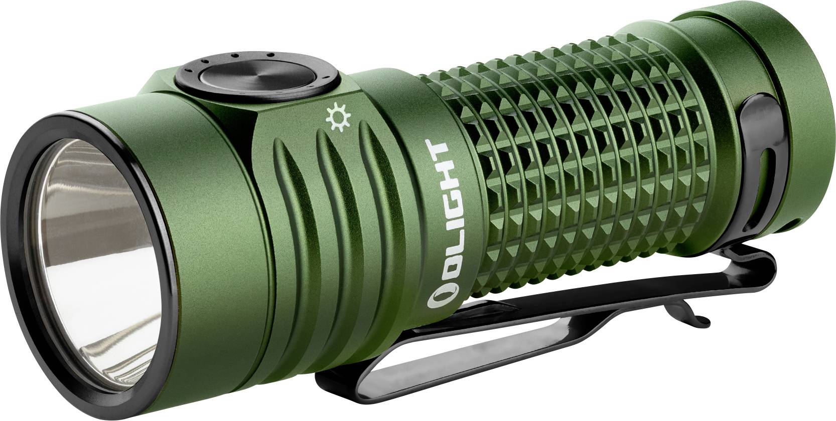 Grüne LED-Taschenlampe mit Clip und strukturiertem Griff. Markenname 'OLIGHT' auf der Seite.