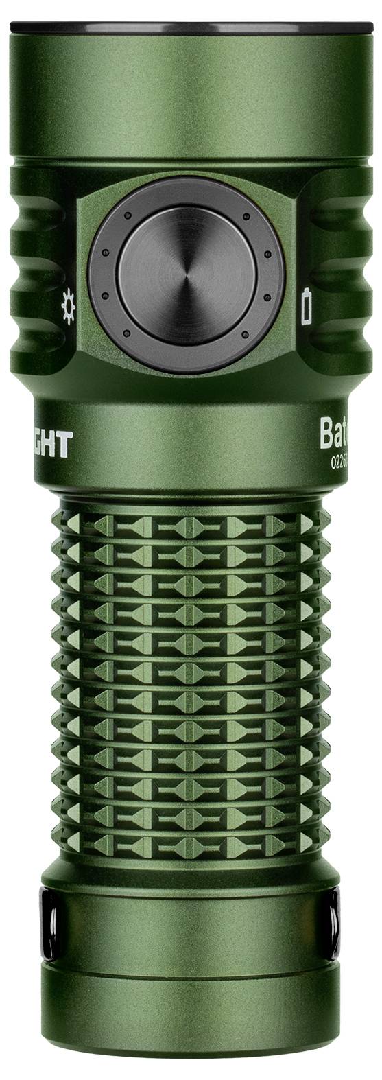 Grüne Taschenlampe mit strukturiertem Griff und schwarzem Knopf in der Mitte.