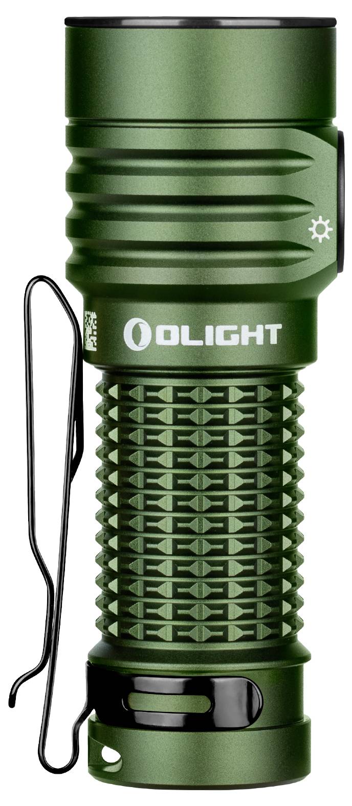 Grüne Taschenlampe mit griffigem Muster, seitlichem Clip und Logo der Marke. Ideal für Outdoor-Aktivitäten und Reisen.
