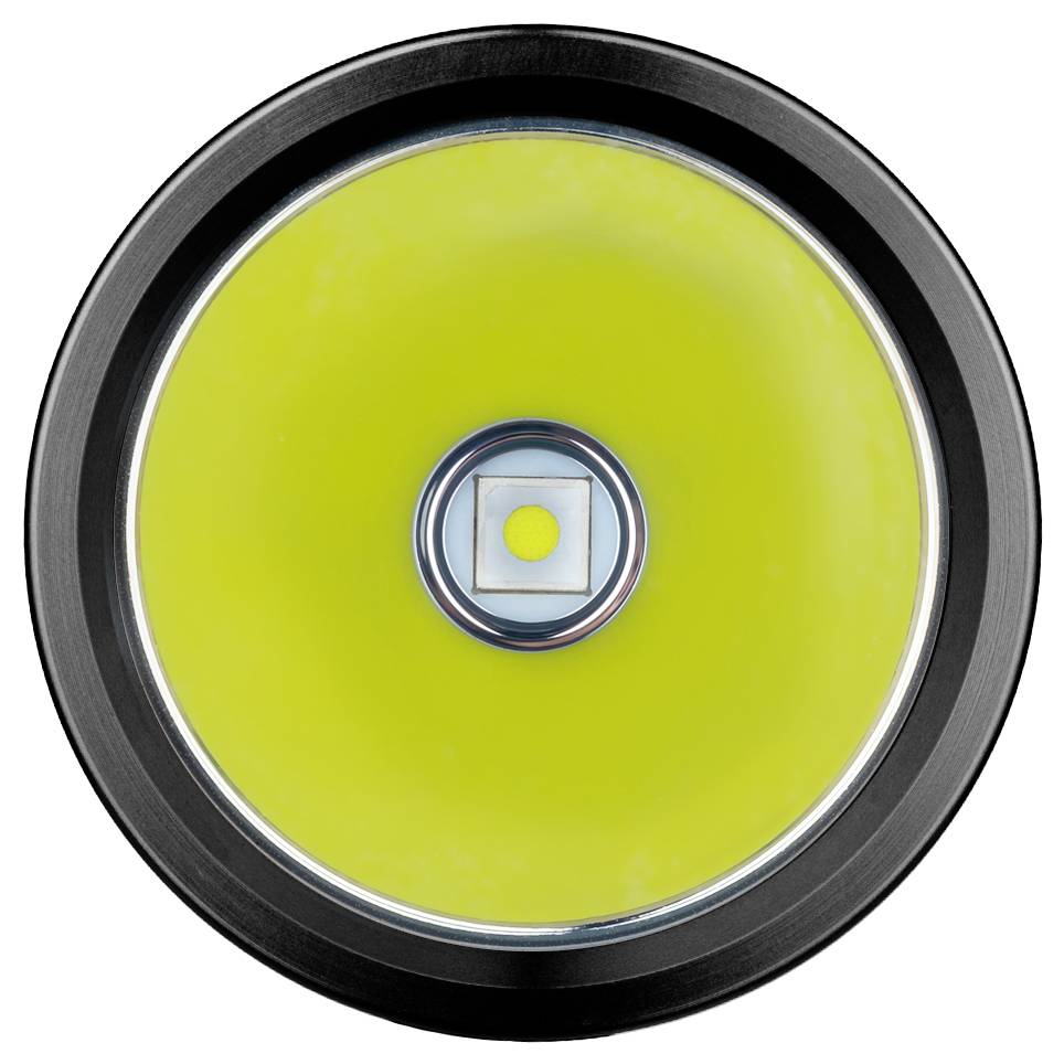 Nahaufnahme einer gelben LED-Lampe, zentral positioniert, mit schwarzem Rand.