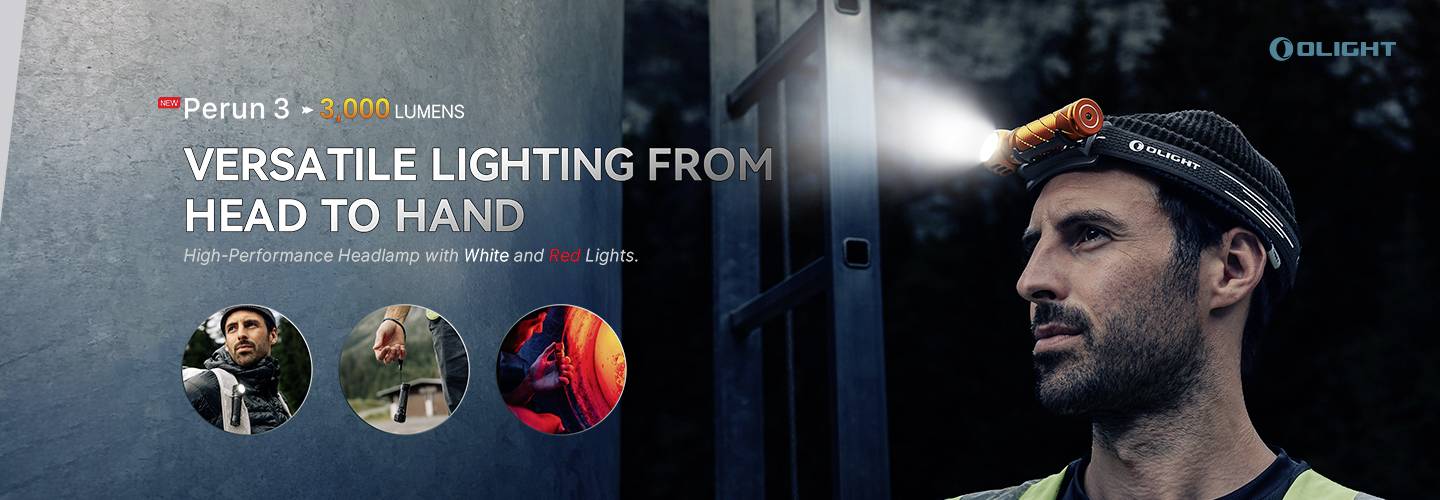 Mann trägt Stirnlampe mit hellem Lichtstrahl, Text: 'Perun 3 – 3.000 Lumen. Vielseitige Beleuchtung vom Kopf bis zur Hand.'
