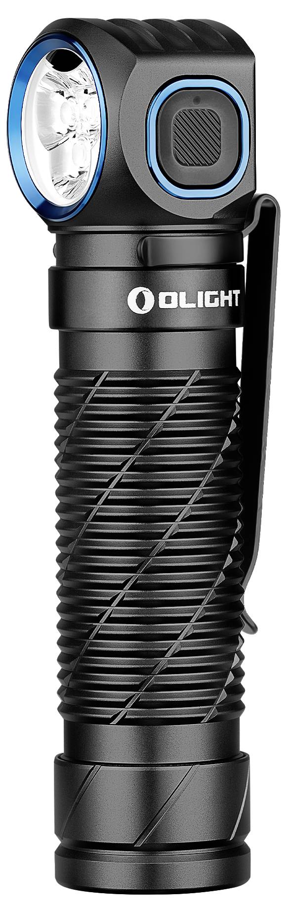 Schwarze Taschenlampe mit geriffeltem Griff und blauem Akzent um den Leuchtkopf. Steht aufrecht mit Clip an der Seite.