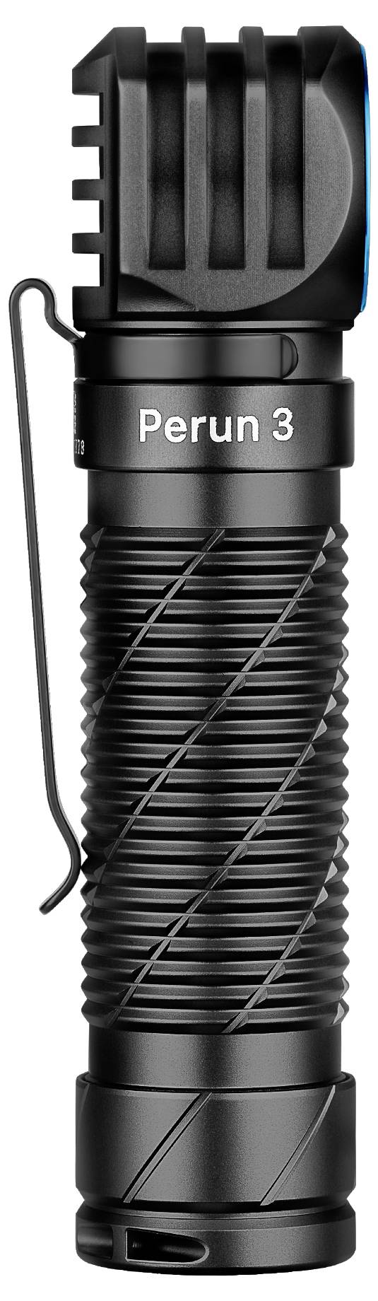 Schwarze, kompakte Taschenlampe mit geriffelter Griffstruktur und Clip. Oben ist der Schriftzug 'Perun 3'.