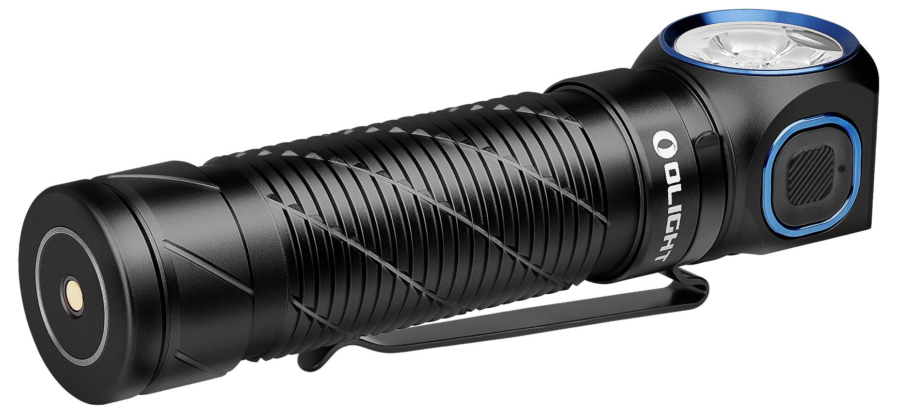 Schwarze Taschenlampe mit blauem Akzent und spiralförmiger Griffstruktur, seitlichem Schalter und Clip für einfache Befestigung.