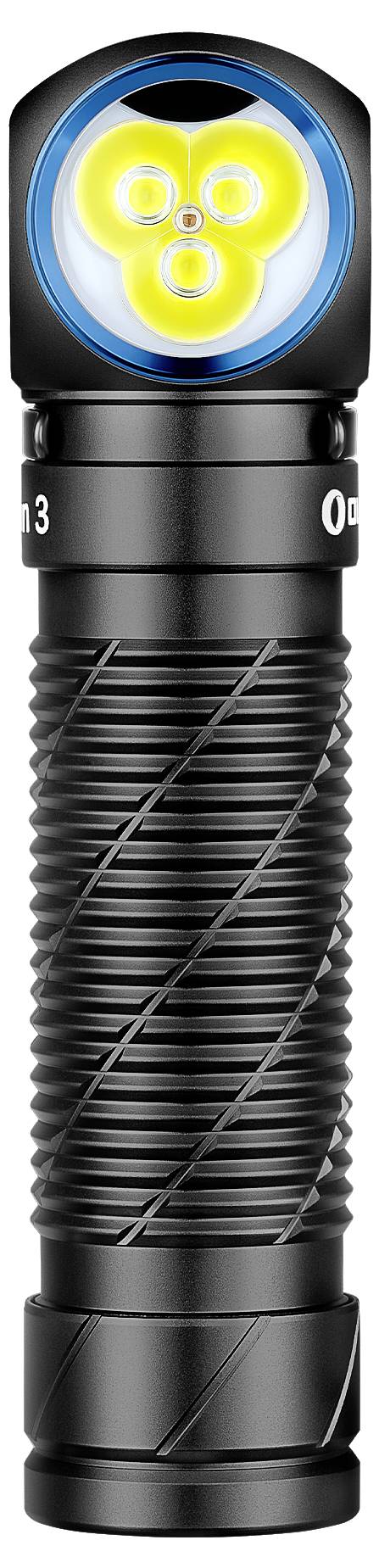 Eine schwarze LED-Taschenlampe mit drei leuchtenden Linsen und geriffeltem Griff für sicheren Halt.