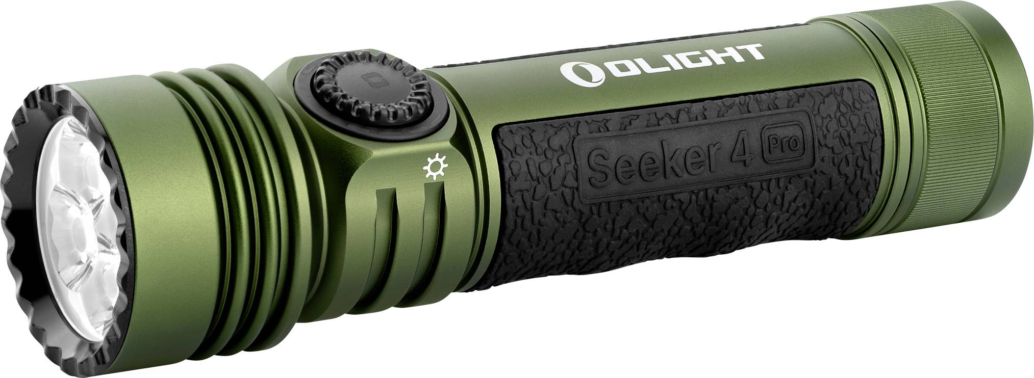 Eine grüne Taschenlampe mit der Aufschrift 'Olight' und 'Seeker 4 pro'. Sie hat ein geriffeltes Griffstück und seitliche Bedienelemente.