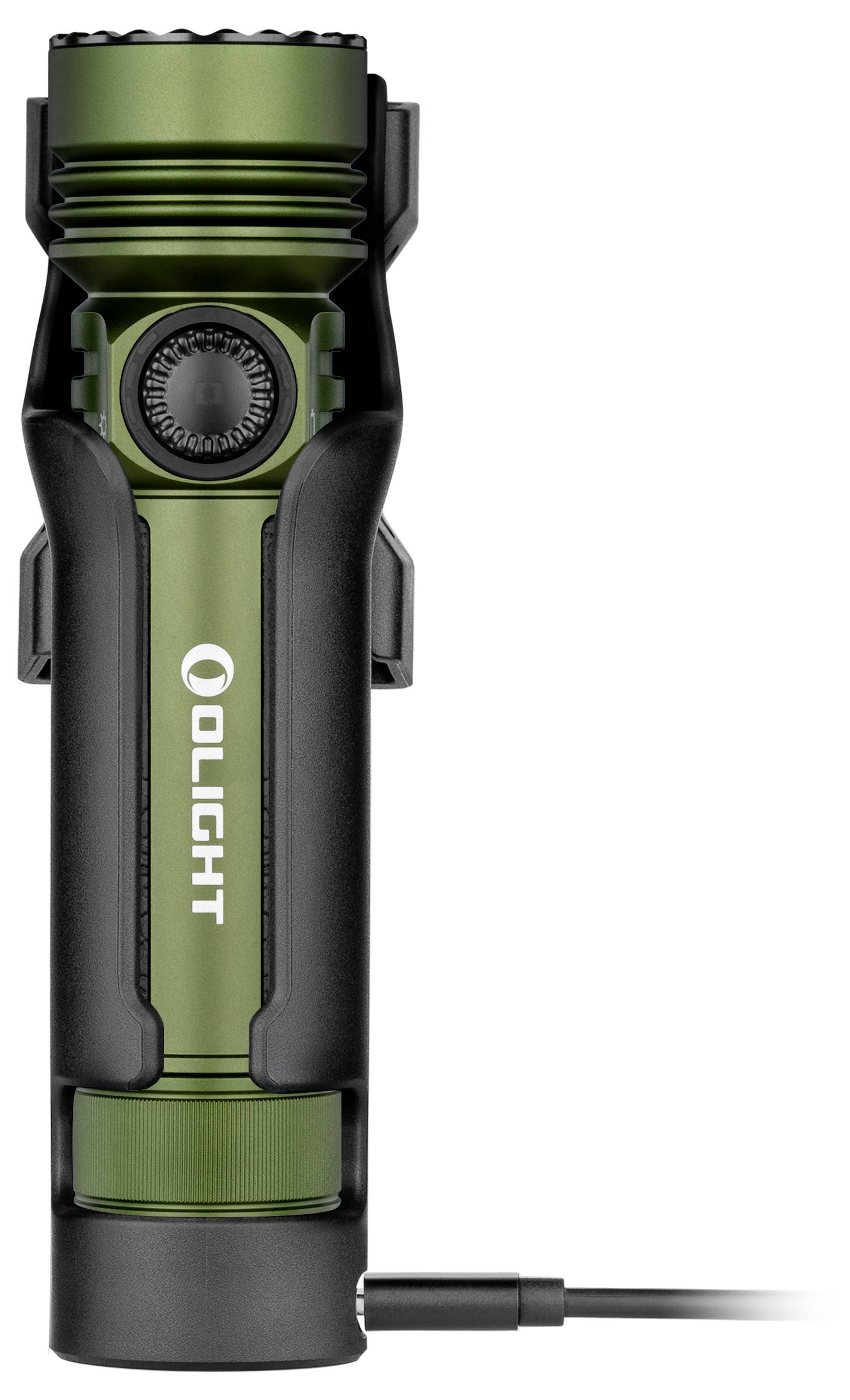 Taschenlampe in grün-schwarzem Design mit Ladeanschluss an der Basis. Markenname 'Olight' auf dem Griff.