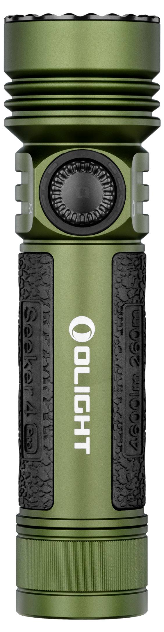 Grüne Taschenlampe mit strukturierten Griffbereichen und 'OLIGHT' Logo, vertikal ausgerichtet.
