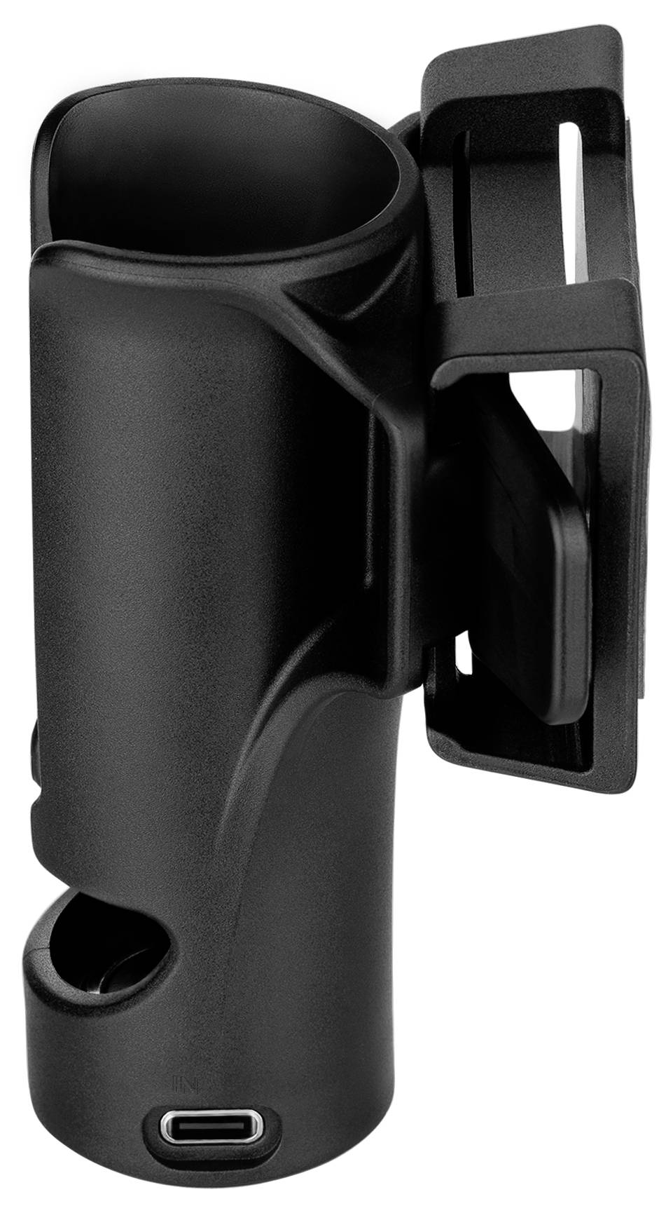 Schwarze Halterung mit USB-C-Anschluss. Designed für die Installation an einem Fahrradlenker, vermutlich für Getränke oder Zubehör.