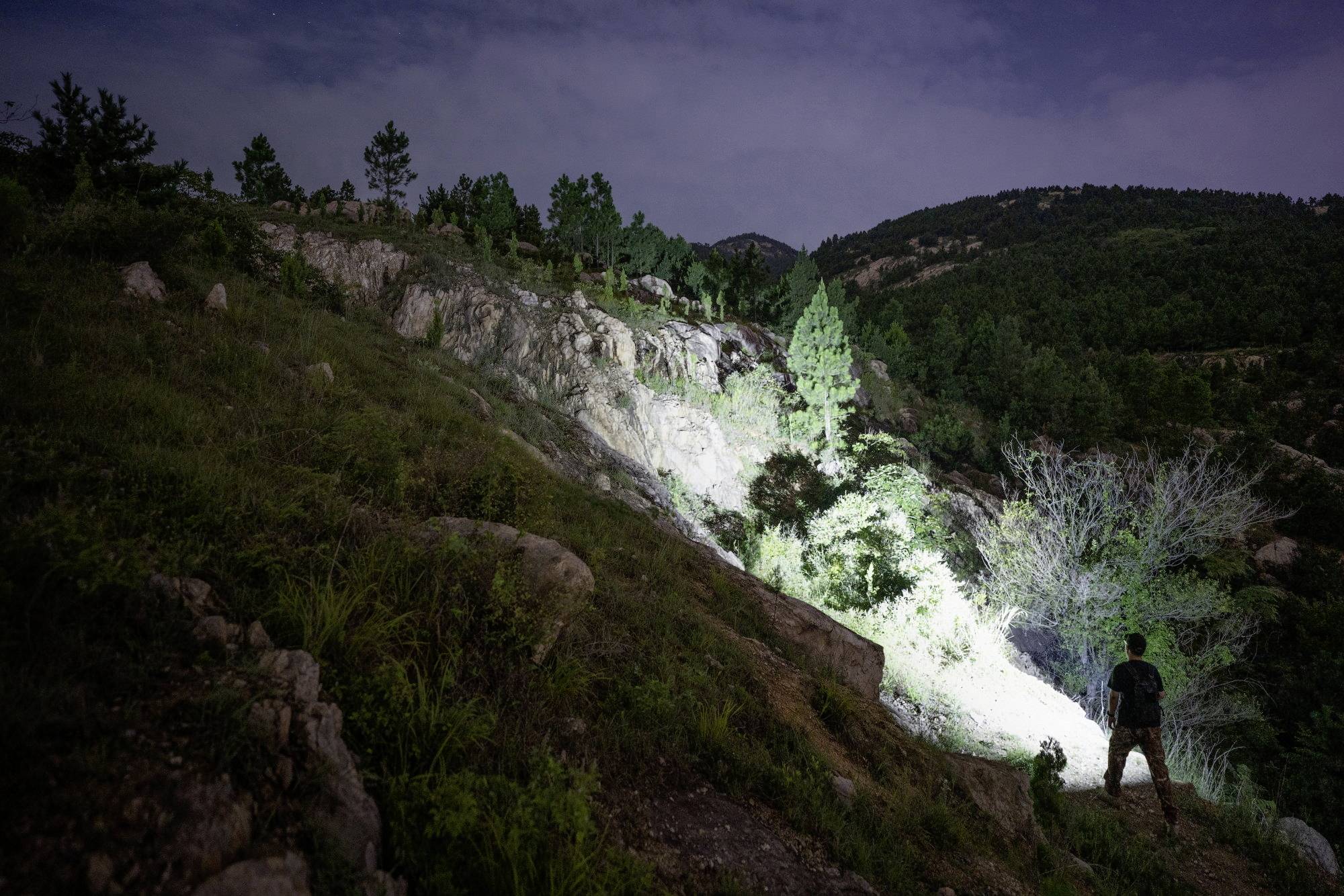 Eine Person steht nachts auf einem bewaldeten Hügel, der von einer starken Taschenlampe beleuchtet wird, umgeben von Bäumen und Felsen.