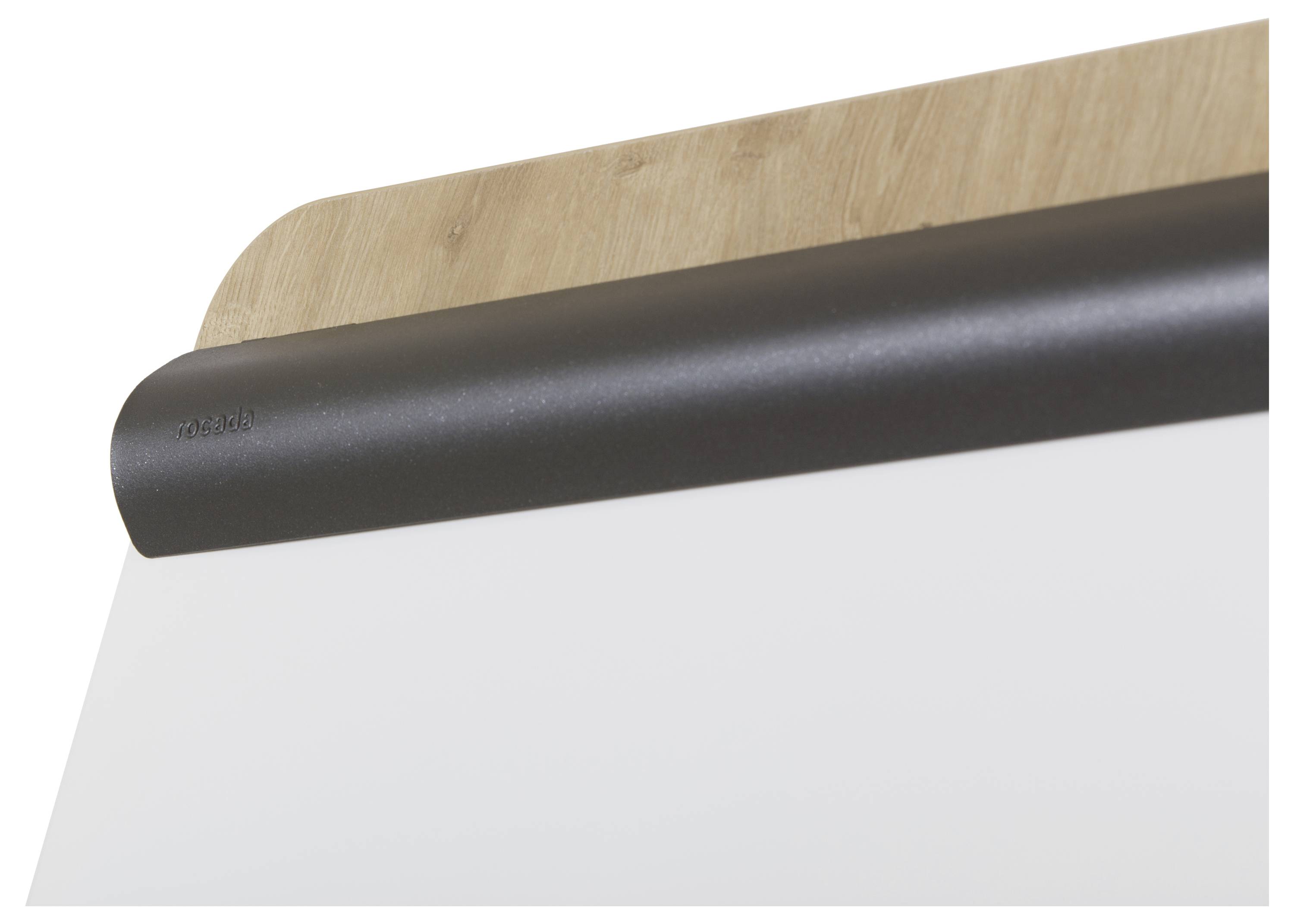 Kleines Whiteboard mit dunklem Holzrand oben, geeignet für Notizen oder Skizzen im Büro.