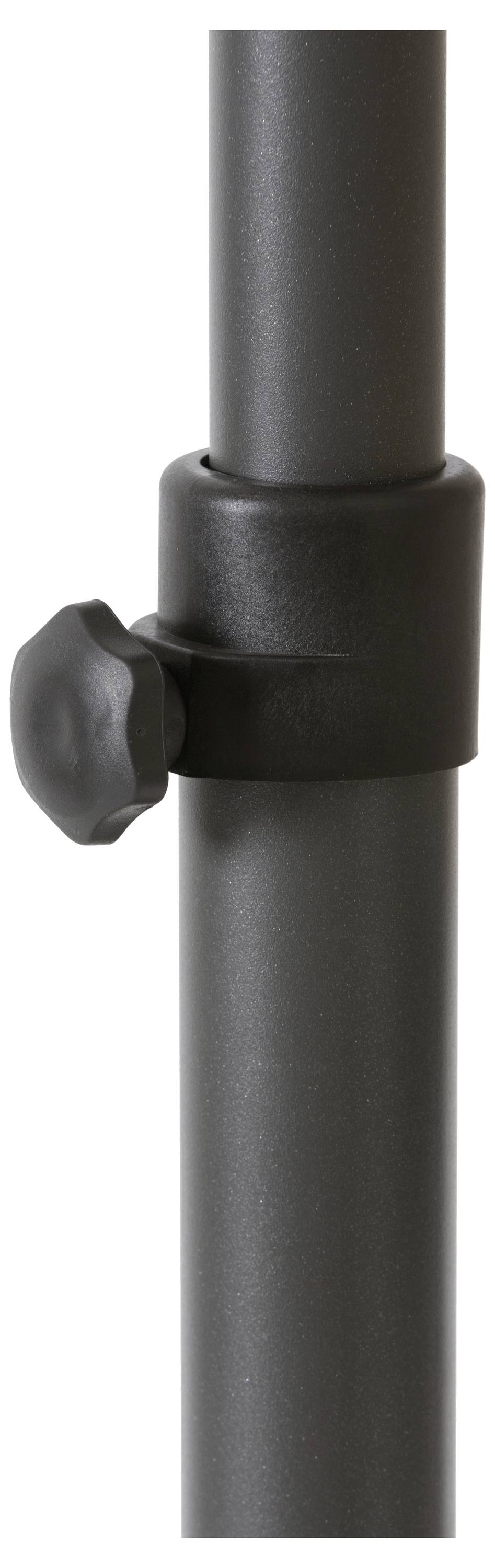 Ein schwarzes Metallrohr mit einem Drehknopf in der Mitte zur Höhenverstellung, möglicherweise Teil eines Stativs oder einer Halterung.