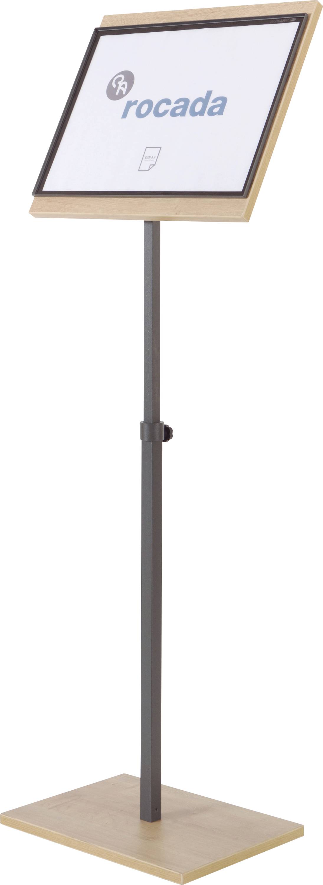 Stehpult mit Bildschirmeinstellung, kompatibel mit 'rocada' Produkten, auf verstellbarem schwarzen Metallständer mit Holzfuß.