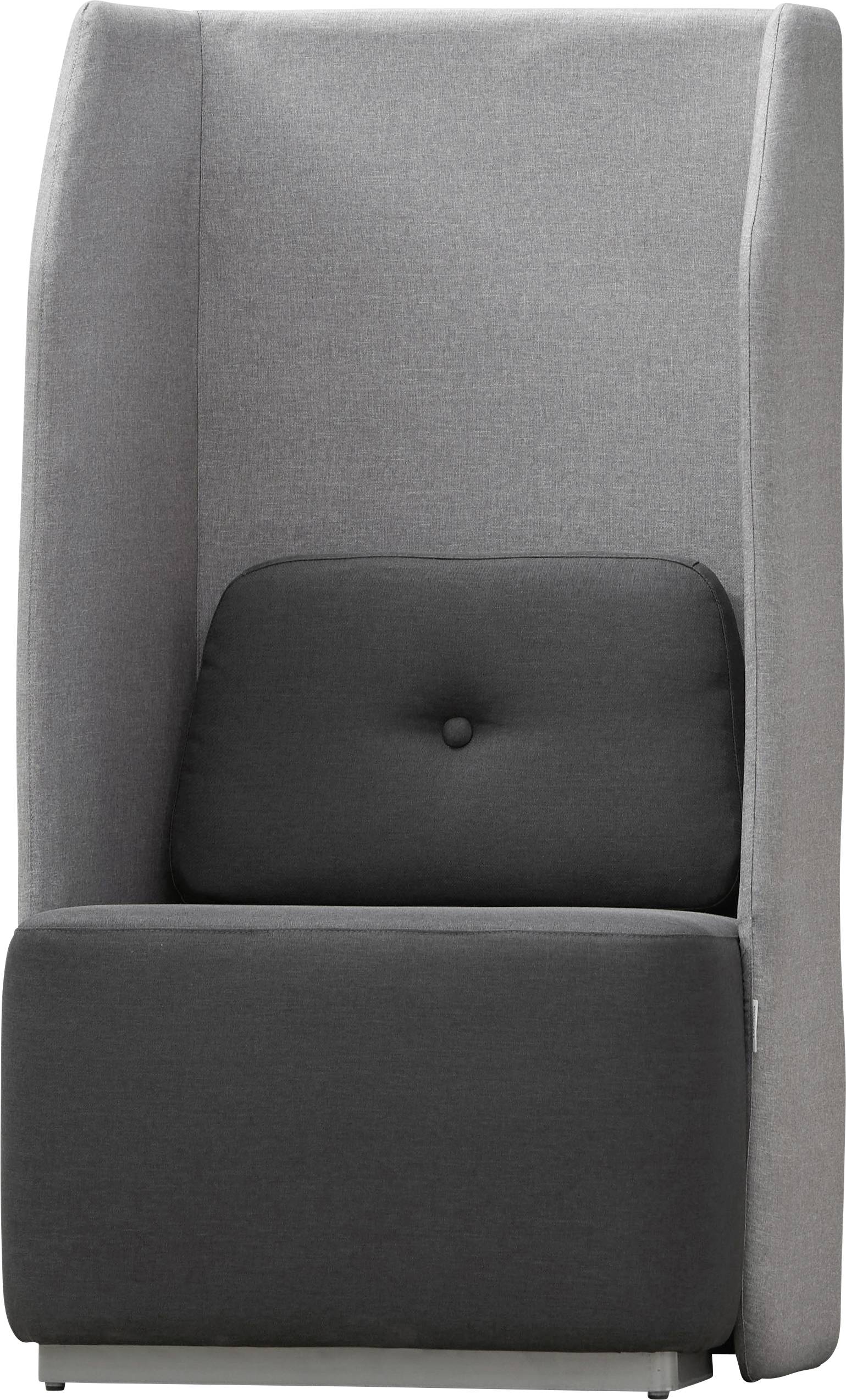 Grauer und schwarzer moderner Stuhl mit hoher Rückenlehne und Knopfdetail, freistehend, geeignet für Büros oder moderne Wohnräume.