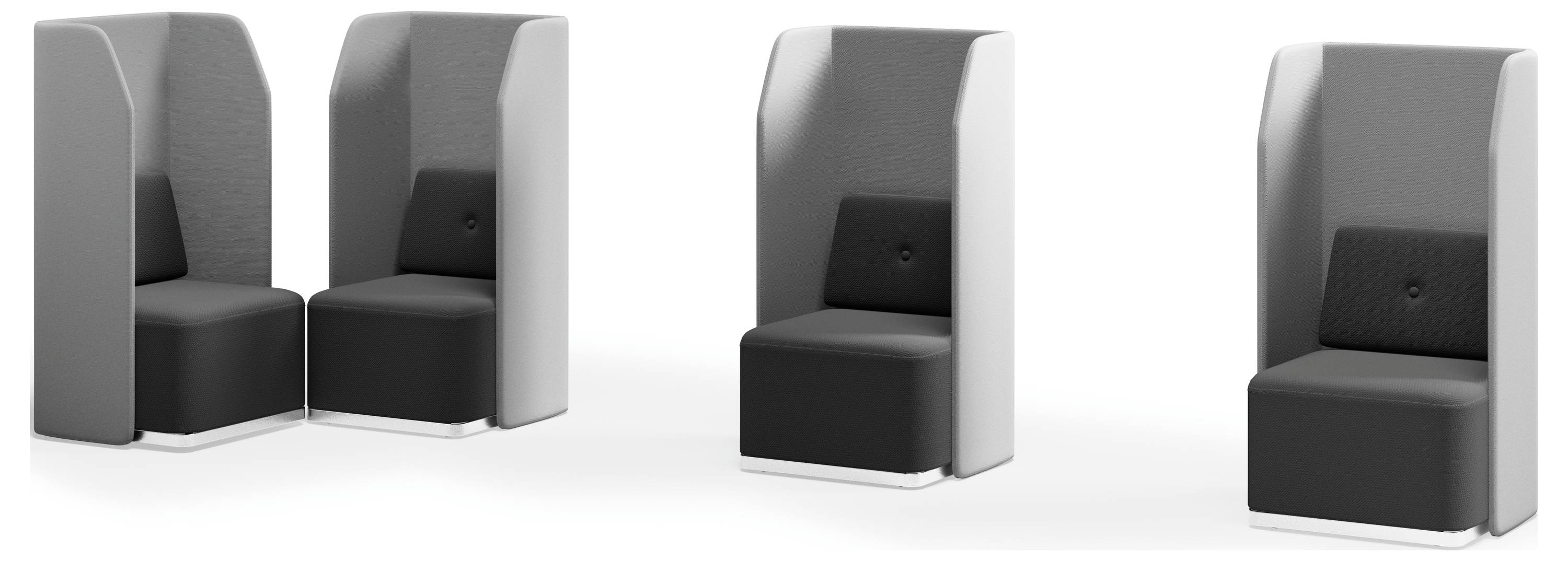 Zwei gepolsterte Sitzmodule mit hohen Rücken- und Seitenlehnen stehen sich gegenüber. Rechts daneben ein einzelnes, identisches Modul.