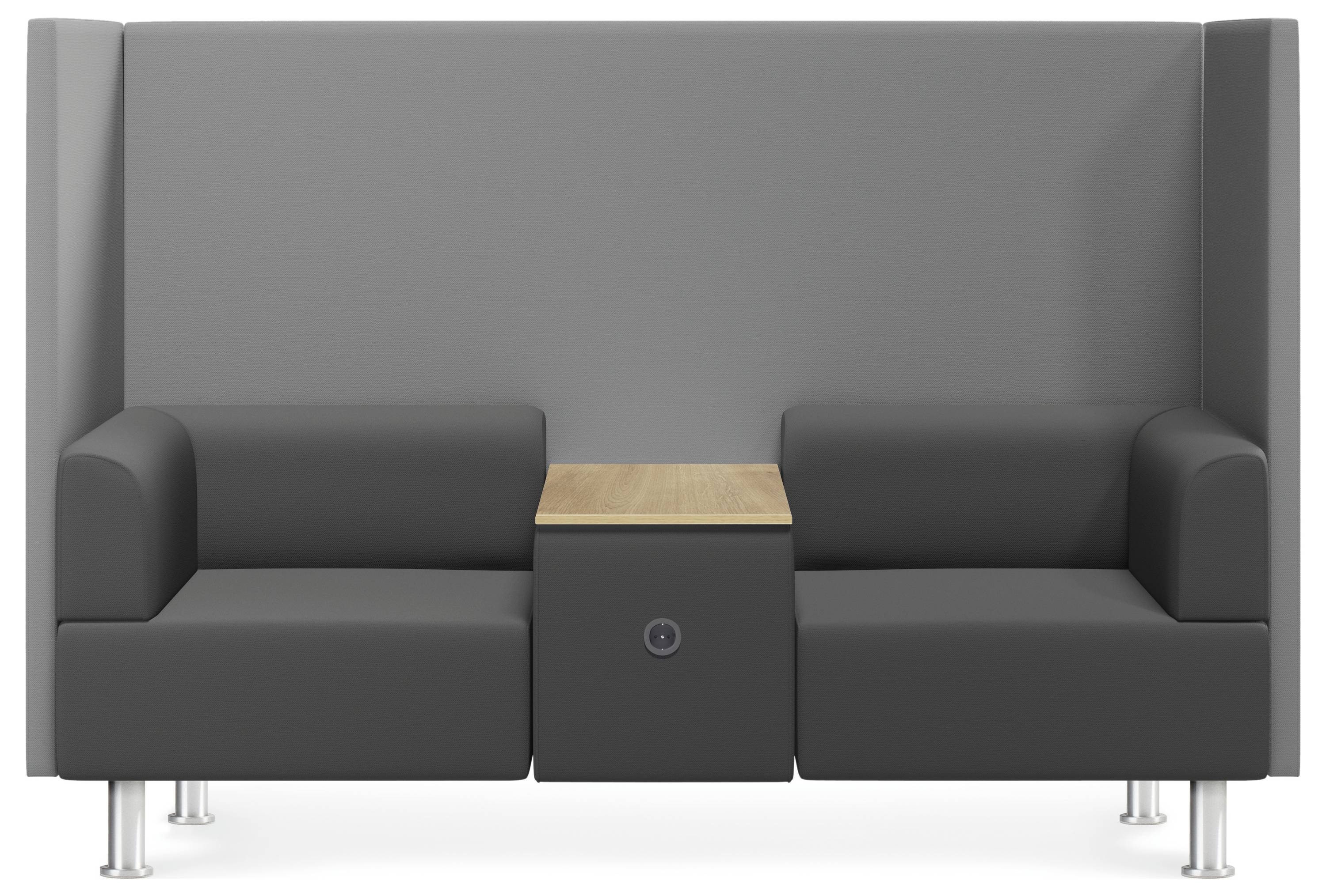 Ein graues zweisitziges Sofa mit einem Holztisch in der Mitte, umgeben von hohen Seitenteilen und auf Metallbeinen stehend.