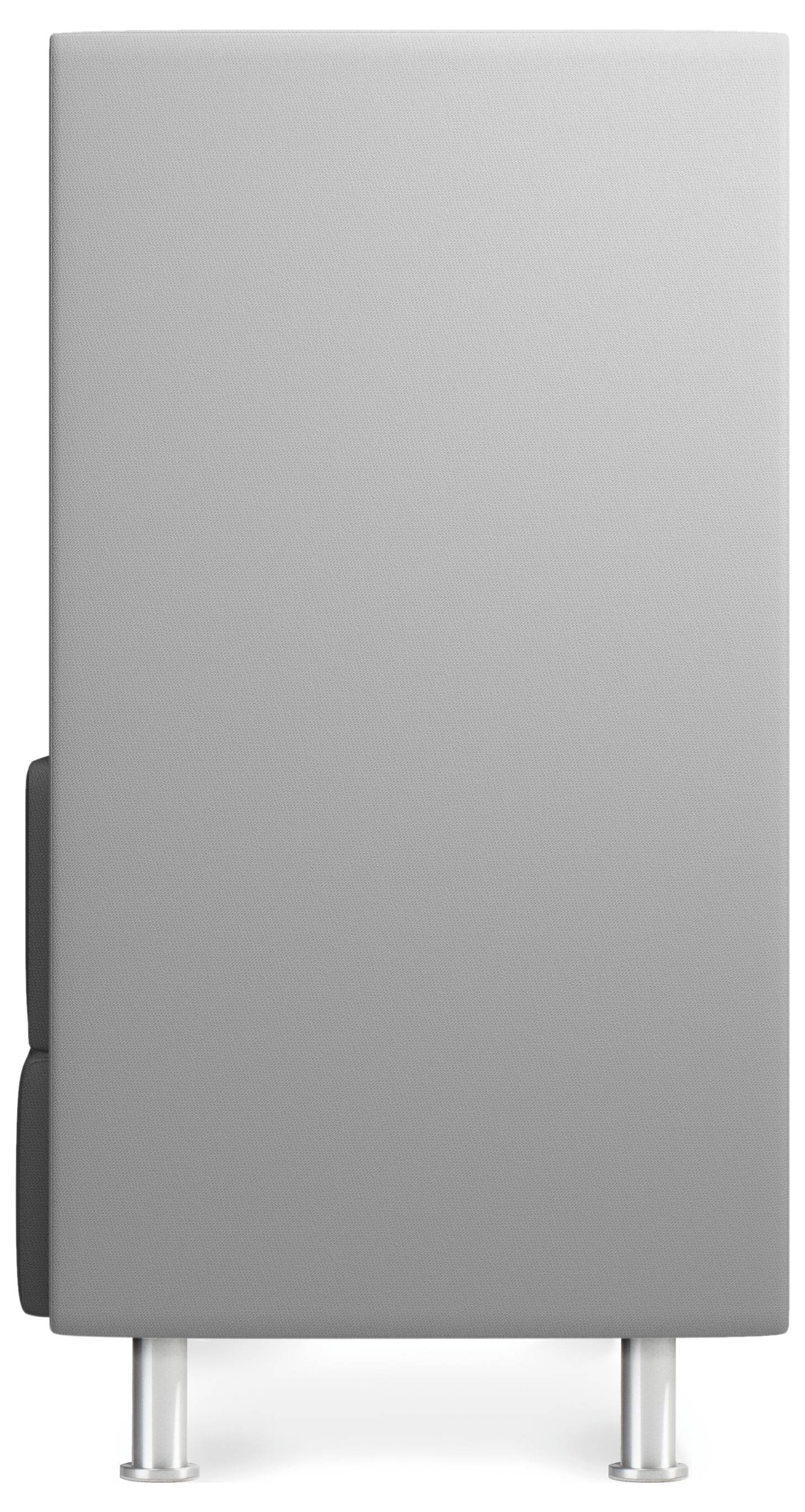 Graue, rechteckige Wandpolsterung mit zwei silbernen Füßen am unteren Rand.