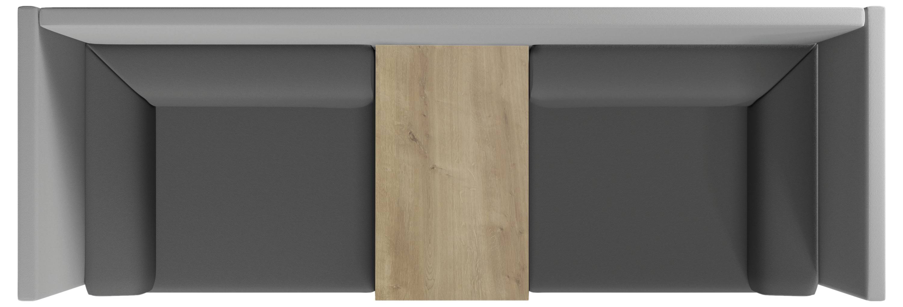 Zwei schwarze Polstersitze mit einem hölzernen Tisch in der Mitte, von oben betrachtet.