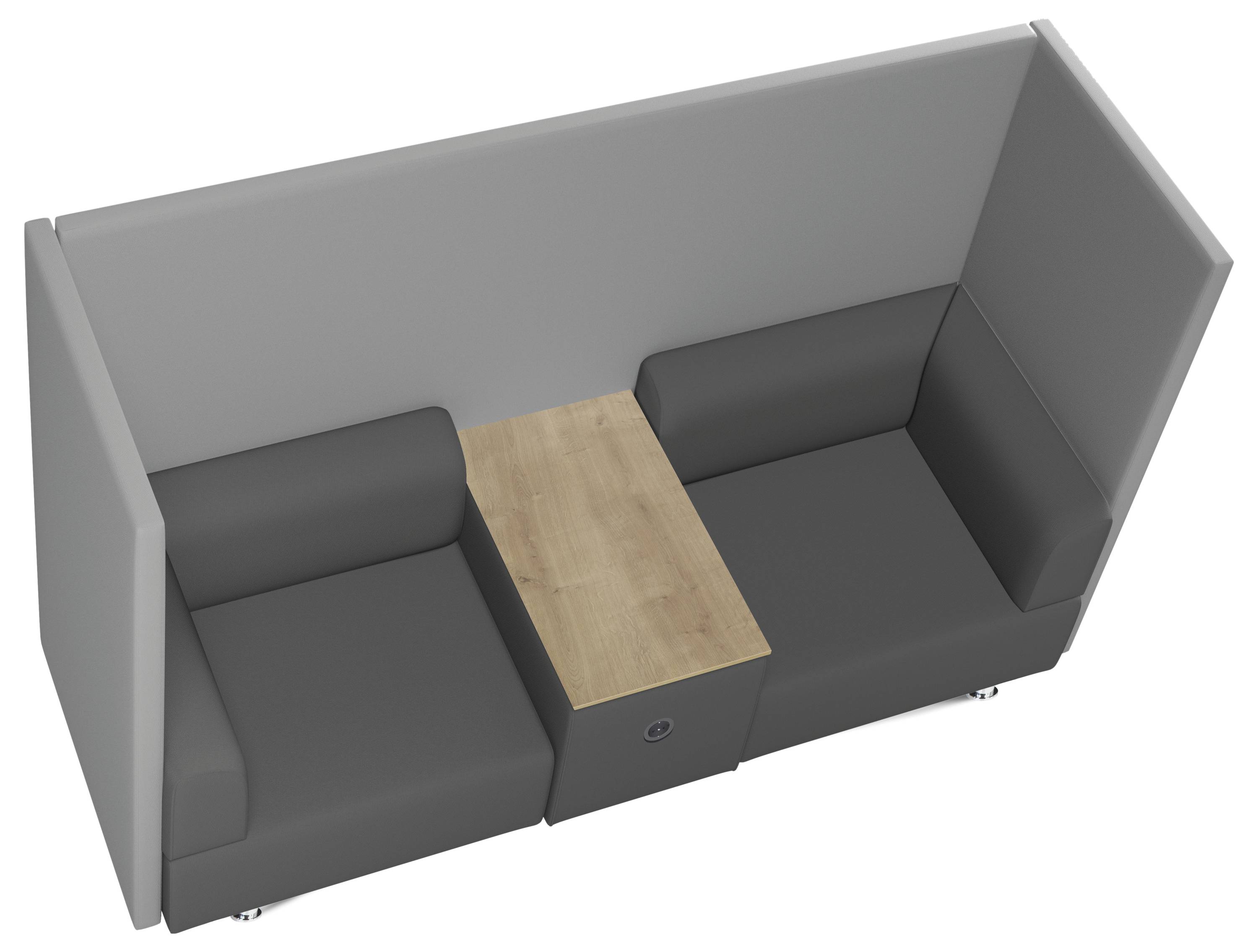 Ein graues Sofa mit hoher Rückenlehne bildet eine Sitzecke mit zwei Sitzen und einem Holztisch in der Mitte.