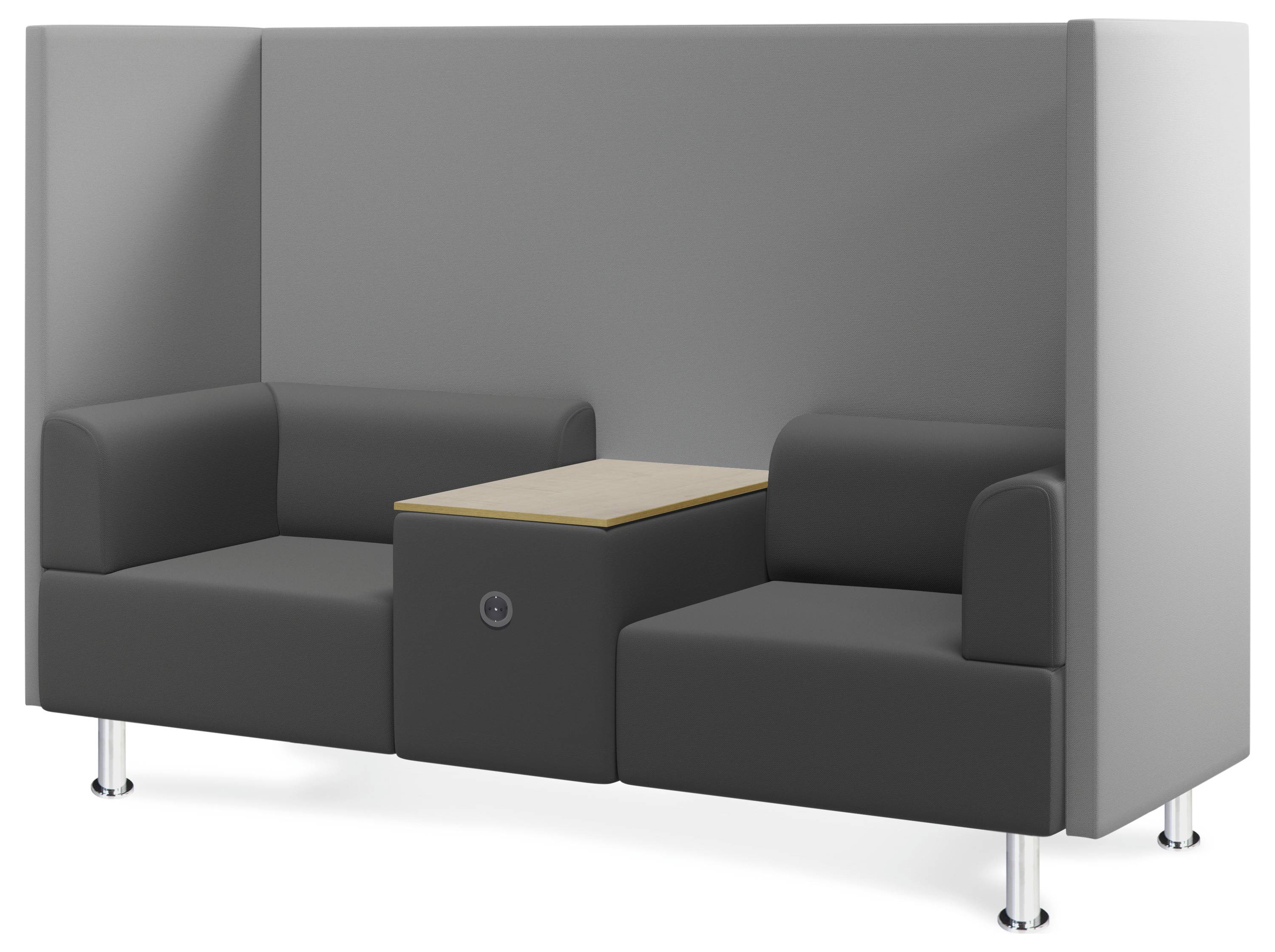 Zwei graue Polstersessel mit Wänden auf beiden Seiten, verbunden durch einen Tisch in der Mitte. Ideal für Gespräche in Ruhe.